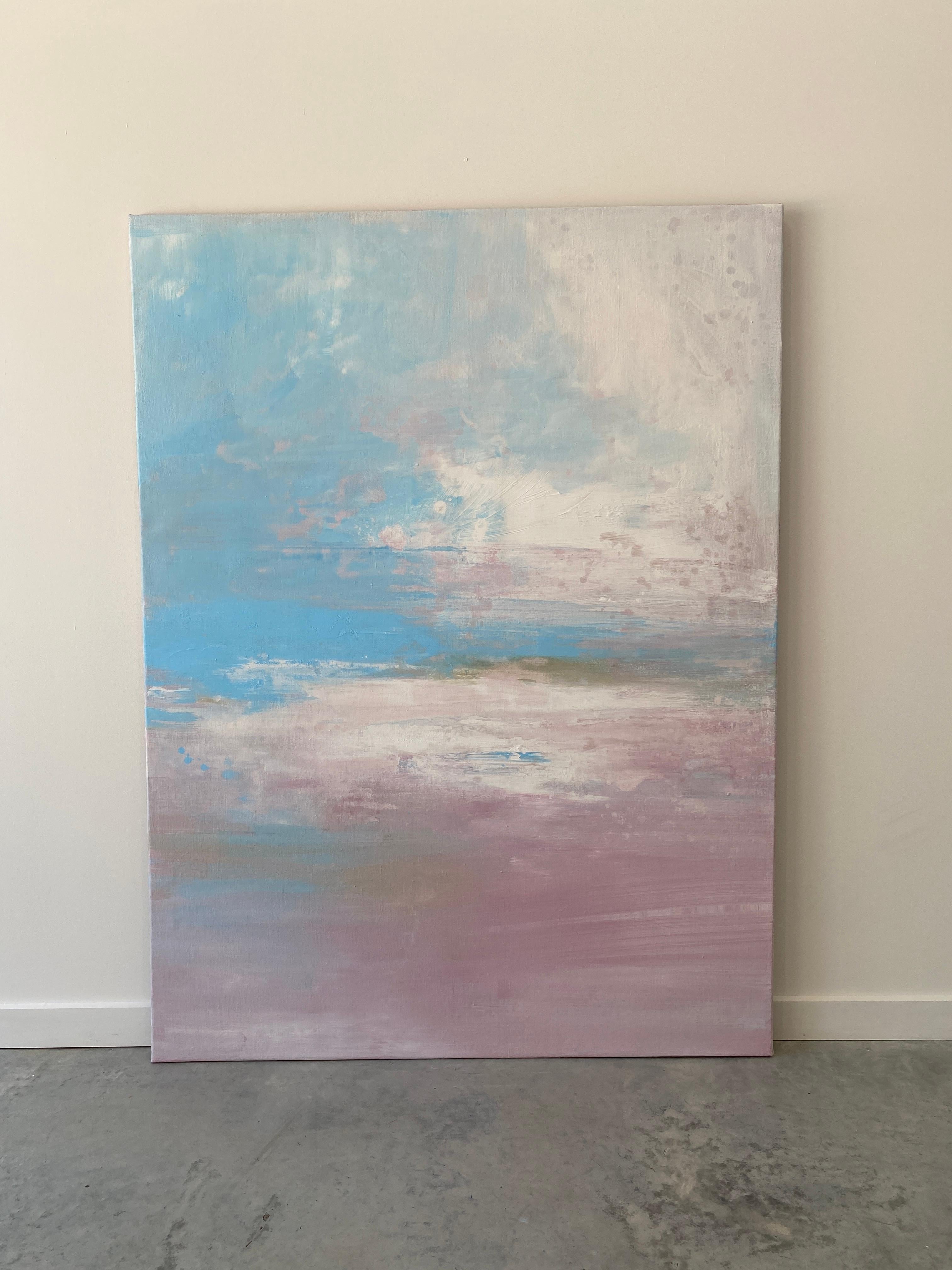 Windwept Pastell Rosa Impressionistische abstrakte Landschaft mit abstrakten Wolken in Blau und Weiß  im Angebot 2