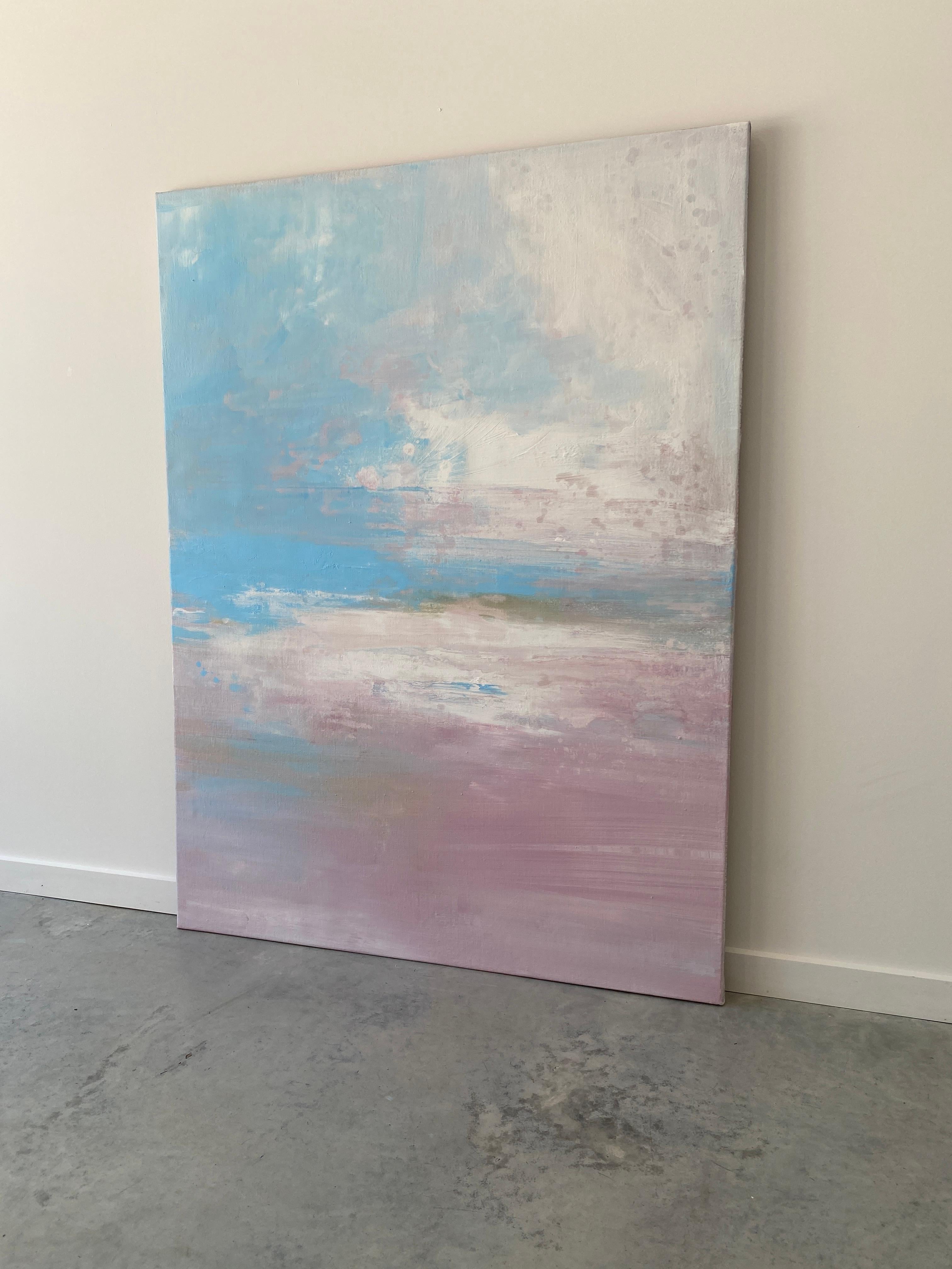 Windwept Pastell Rosa Impressionistische abstrakte Landschaft mit abstrakten Wolken in Blau und Weiß  im Angebot 3