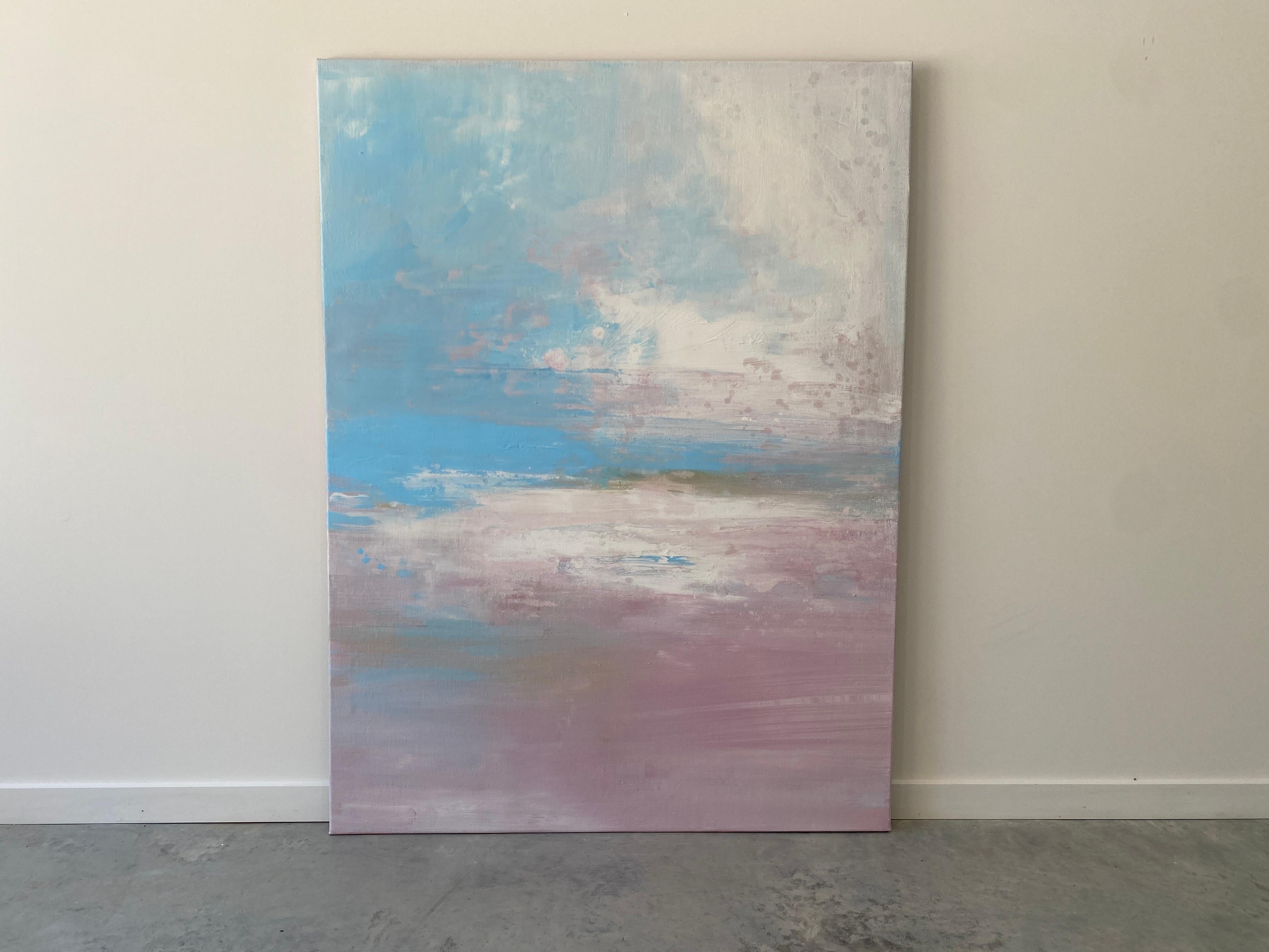 Windwept Pastell Rosa Impressionistische abstrakte Landschaft mit abstrakten Wolken in Blau und Weiß  im Angebot 4