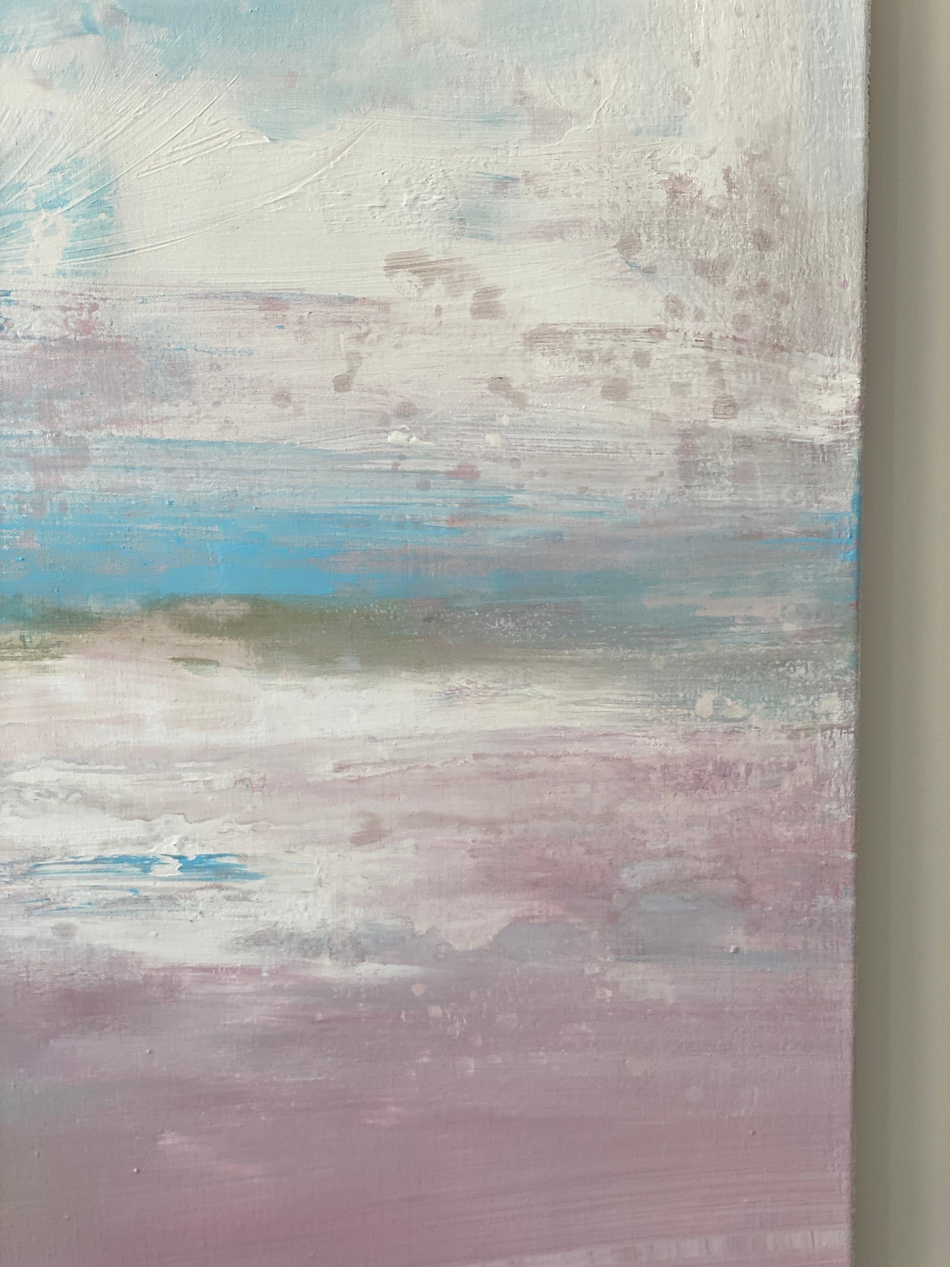 Paysage abstrait impressionniste rose pastel, nuages de ciel bleu et blanc  en vente 5