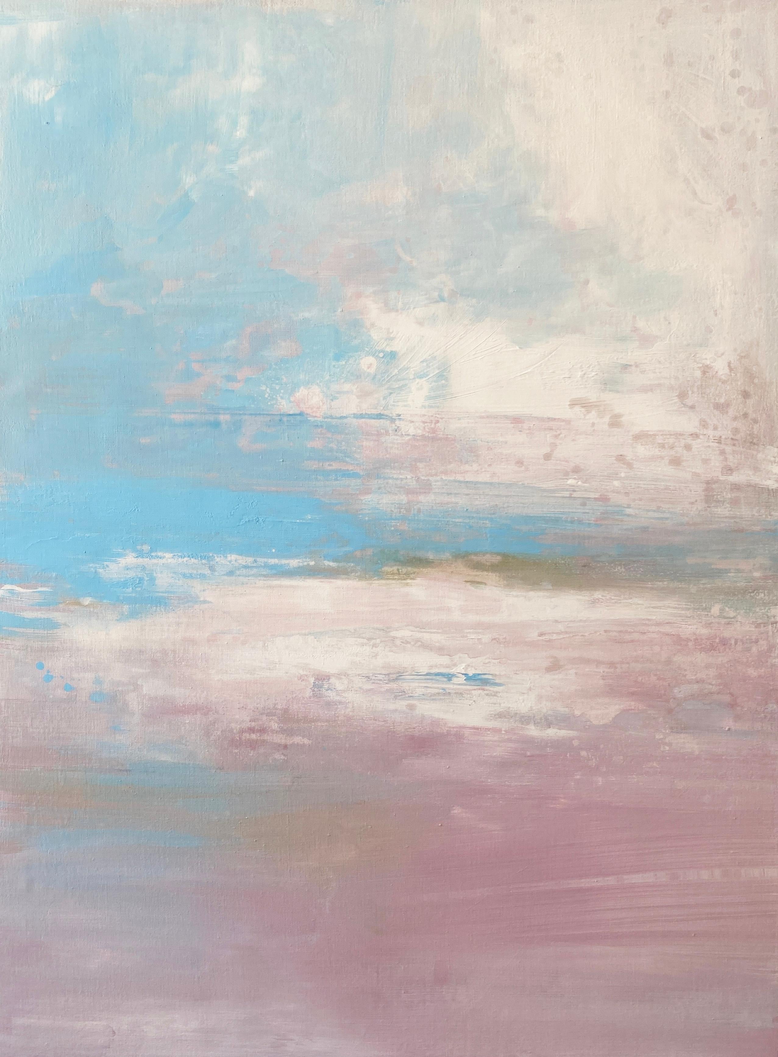 Kathleen Rhee Abstract Painting - Windswept Pastel Pink Impressionist sky clouds blue white abstract landscape 