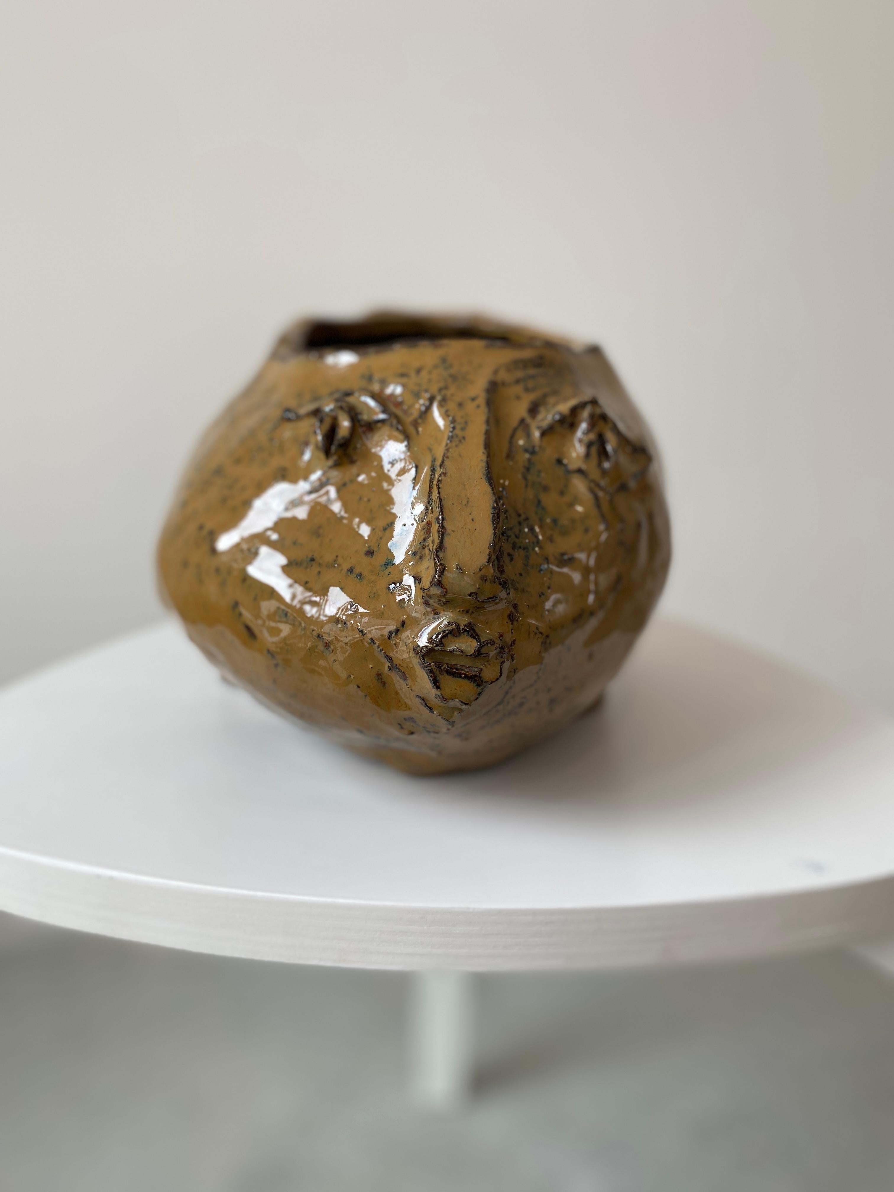 Caramel tan rustic wabi sabi hand sculpted glazed clay head face vessel vase For Sale 6