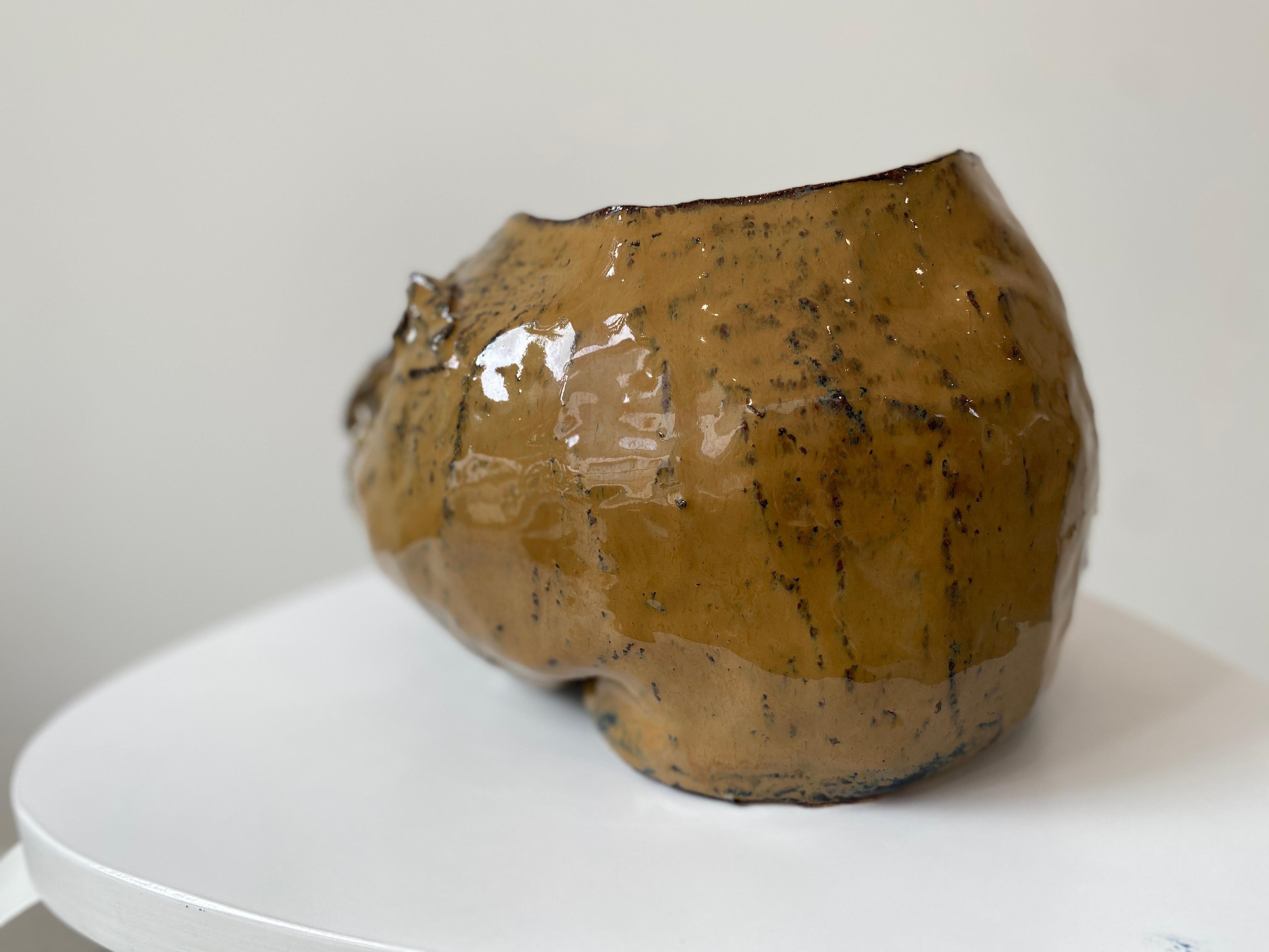 Caramel tan rustic wabi sabi hand sculpted glazed clay head face vessel vase For Sale 9