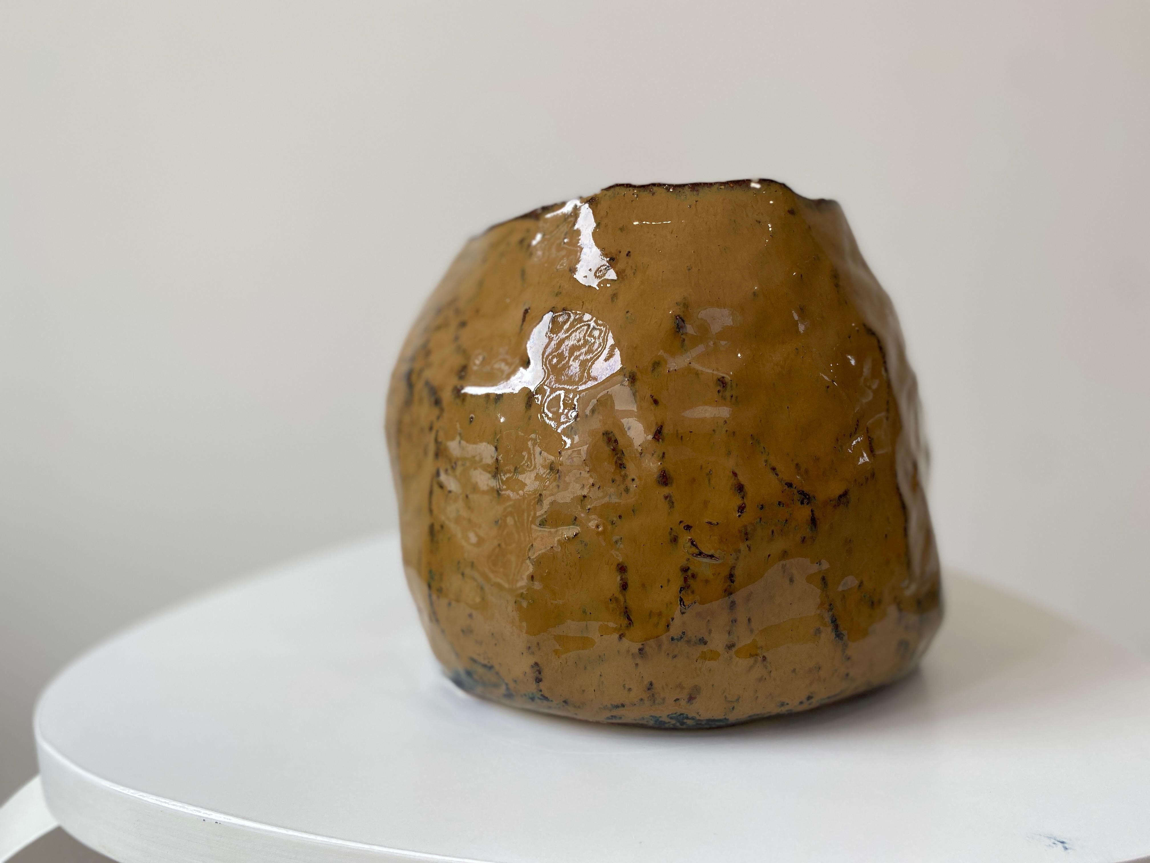 Caramel tan rustic wabi sabi hand sculpted glazed clay head face vessel vase For Sale 10