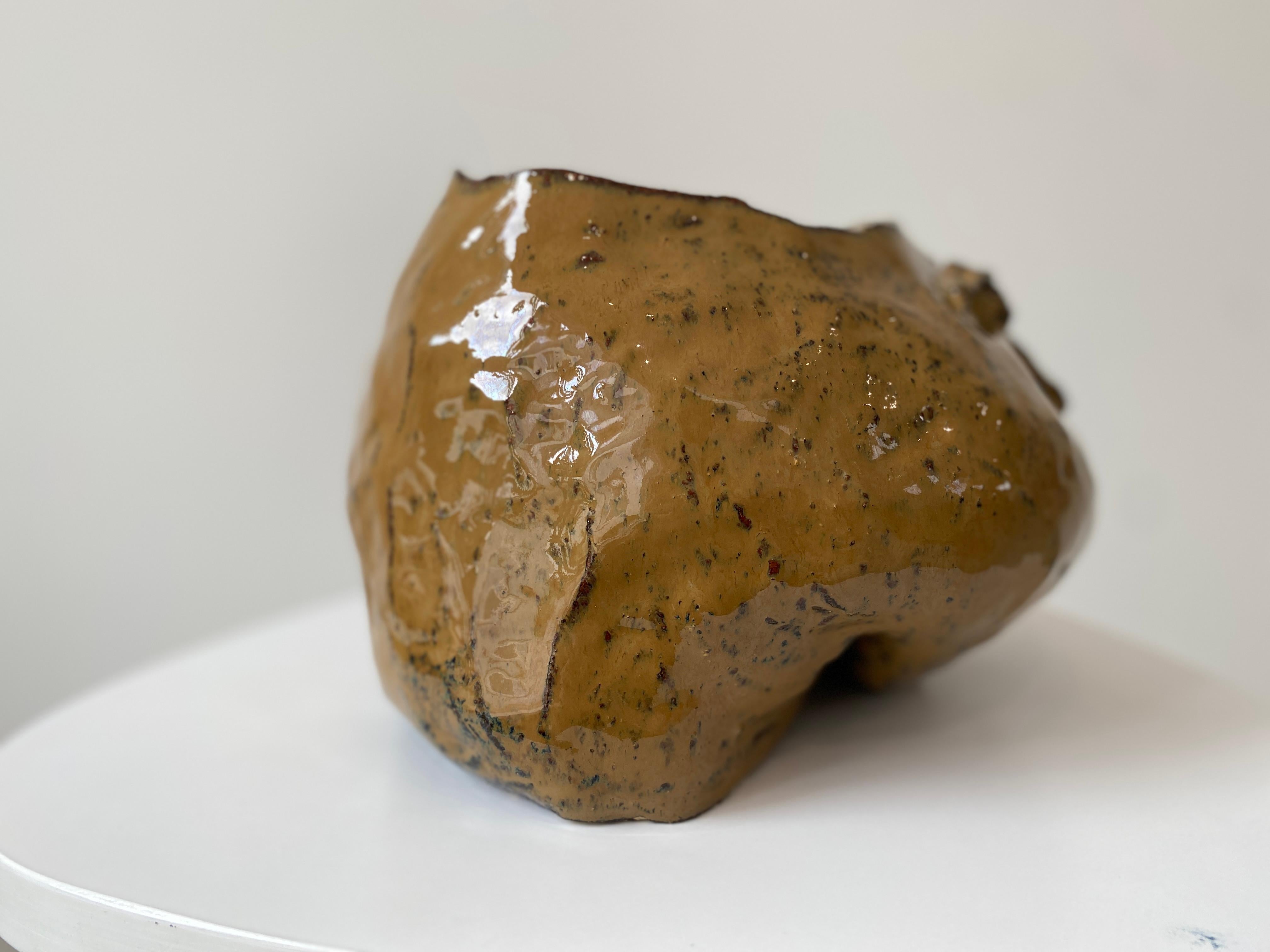 Caramel tan rustic wabi sabi hand sculpted glazed clay head face vessel vase For Sale 11