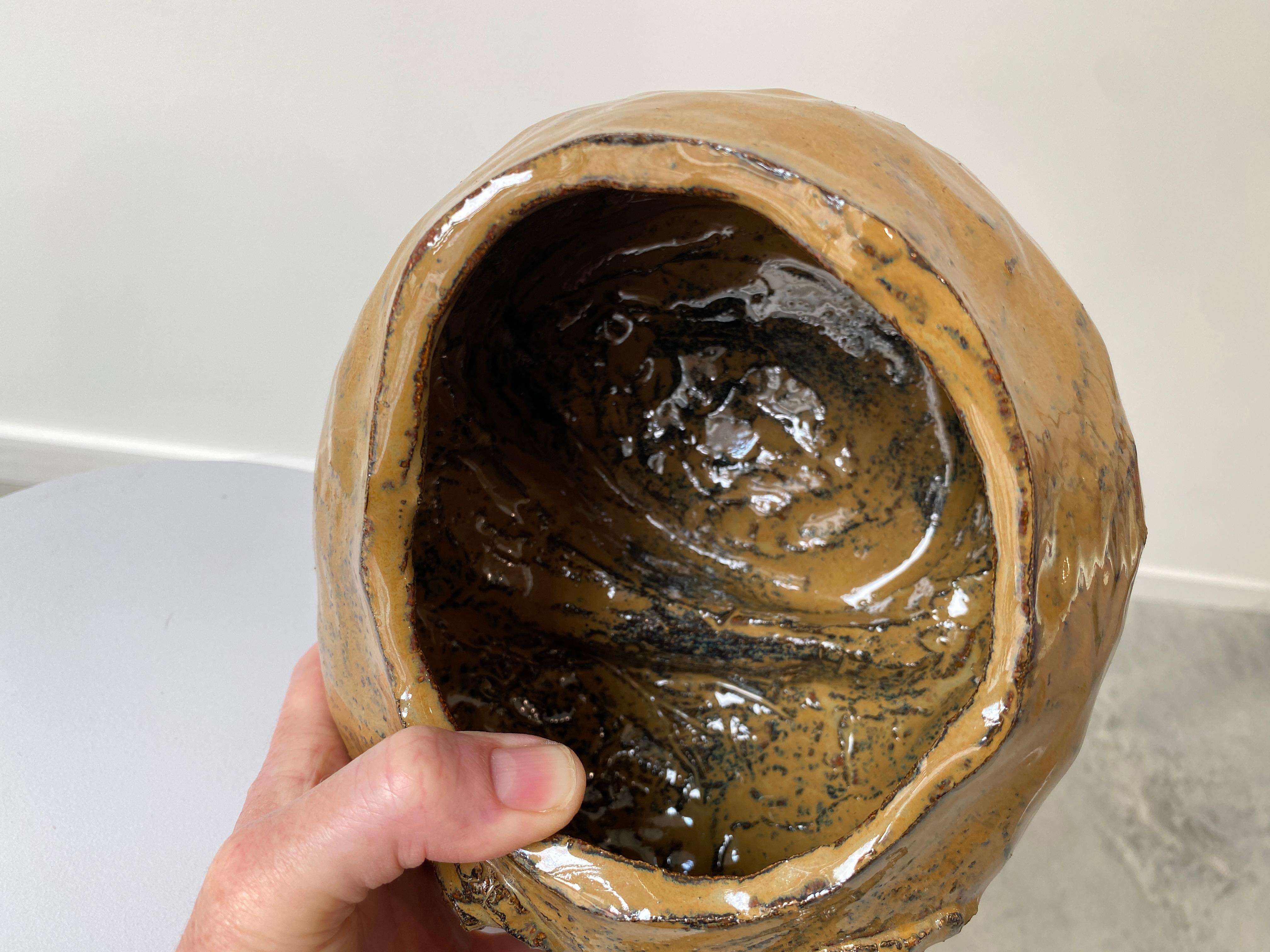 Caramel tan rustic wabi sabi hand sculpted glazed clay head face vessel vase For Sale 12