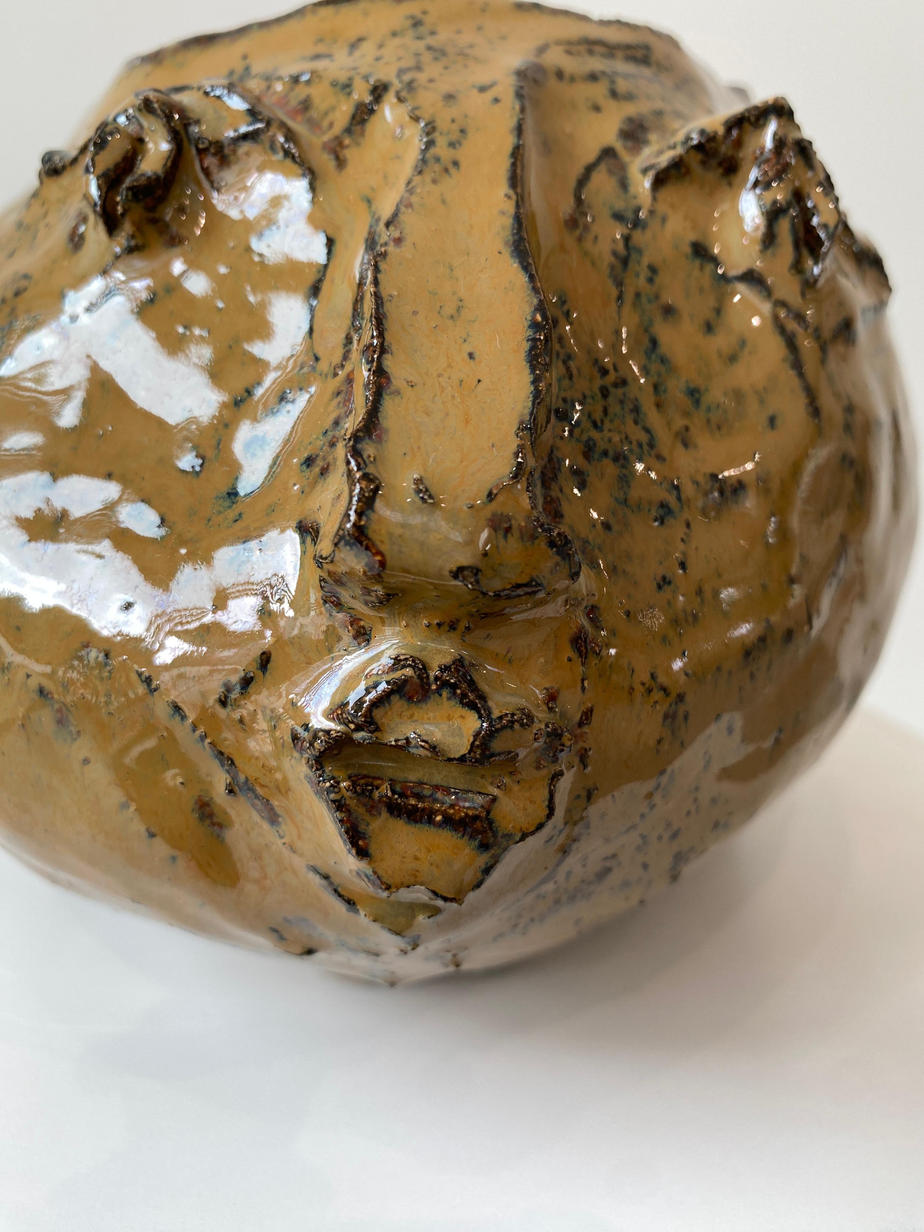 Caramel tan rustic wabi sabi hand sculpted glazed clay head face vessel vase For Sale 13