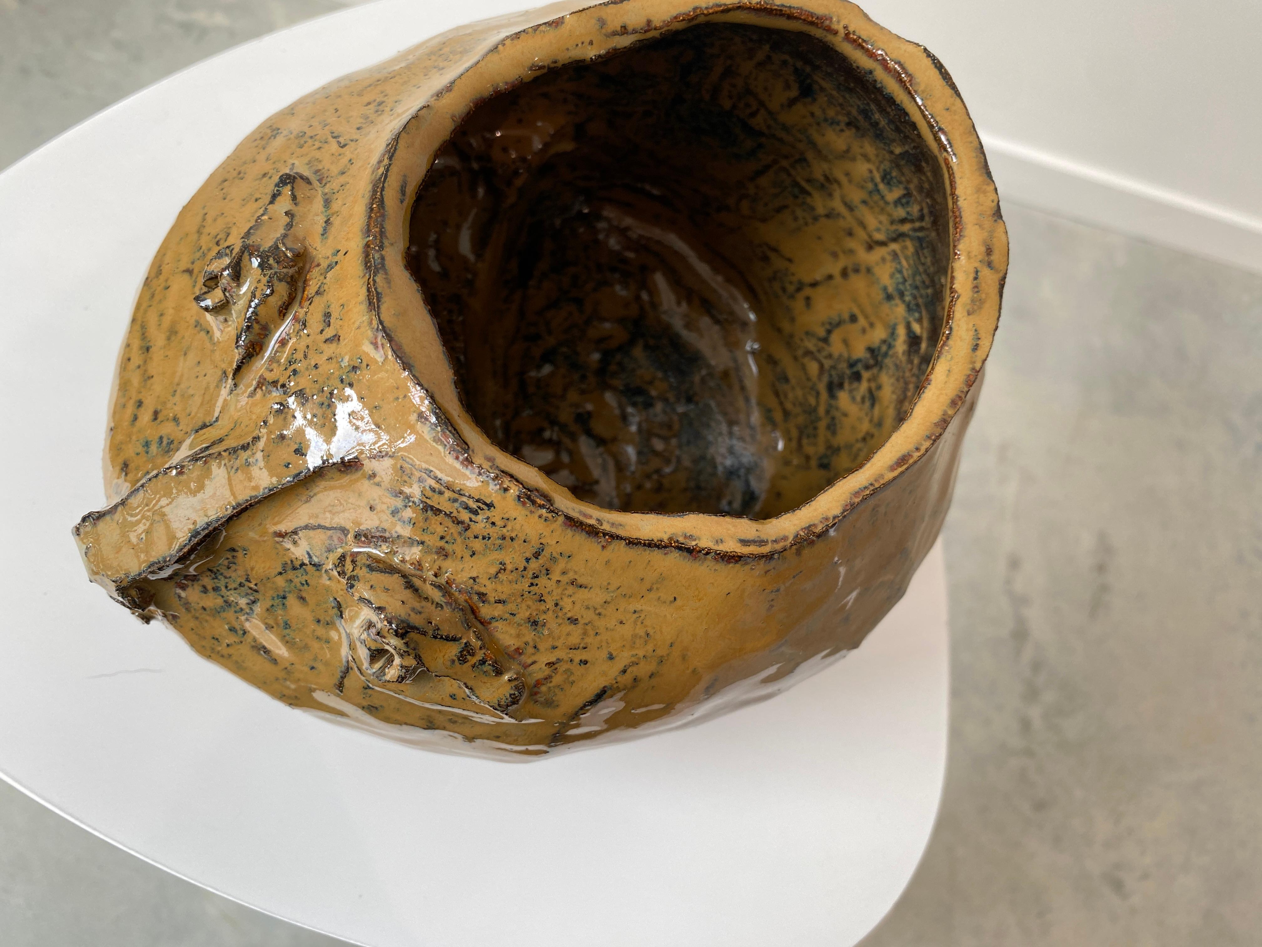 Caramel tan rustic wabi sabi hand sculpted glazed clay head face vessel vase For Sale 14