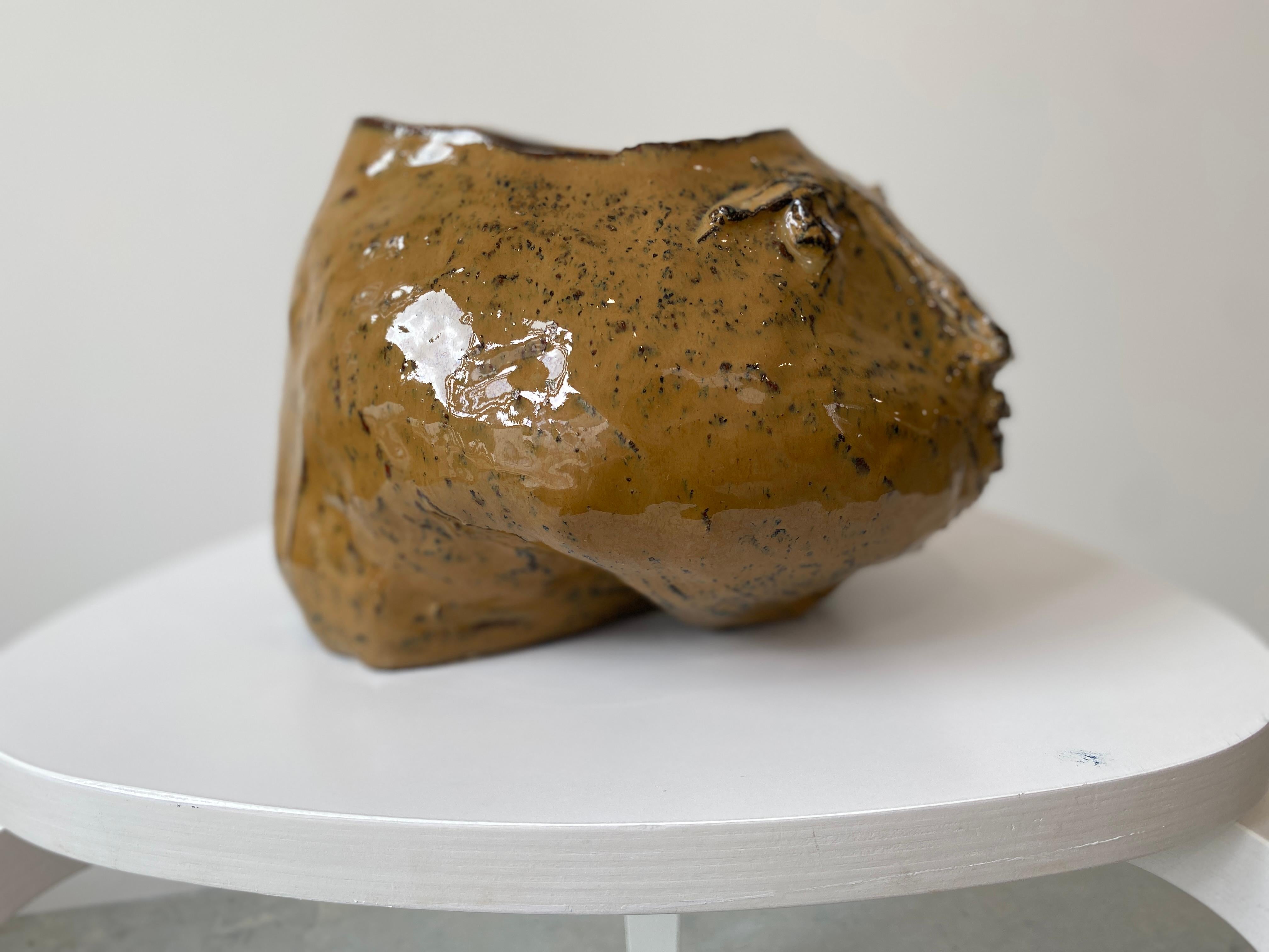 Caramel tan rustic wabi sabi hand sculpted glazed clay head face vessel vase For Sale 3