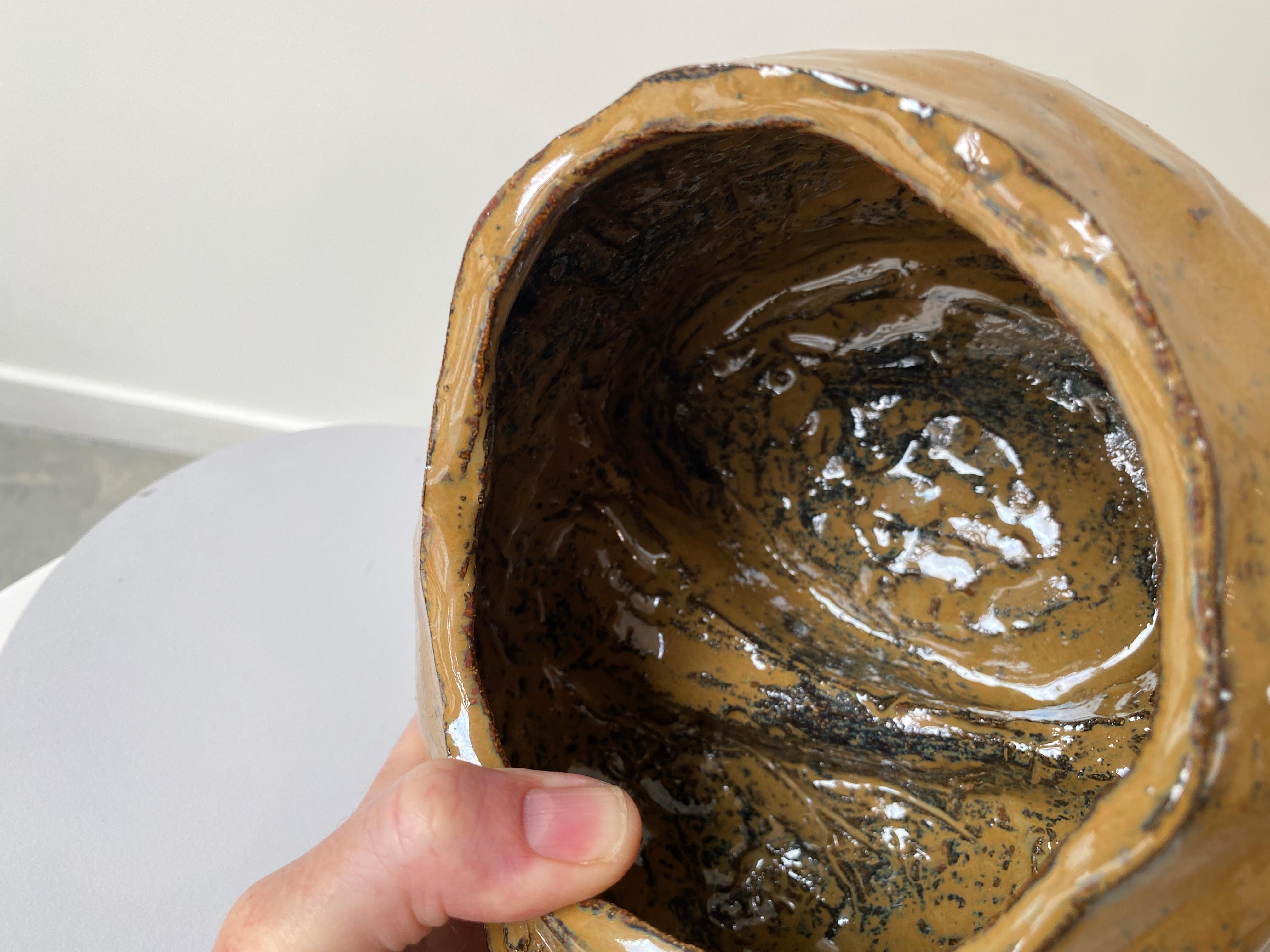 Caramel tan rustic wabi sabi hand sculpted glazed clay head face vessel vase For Sale 5