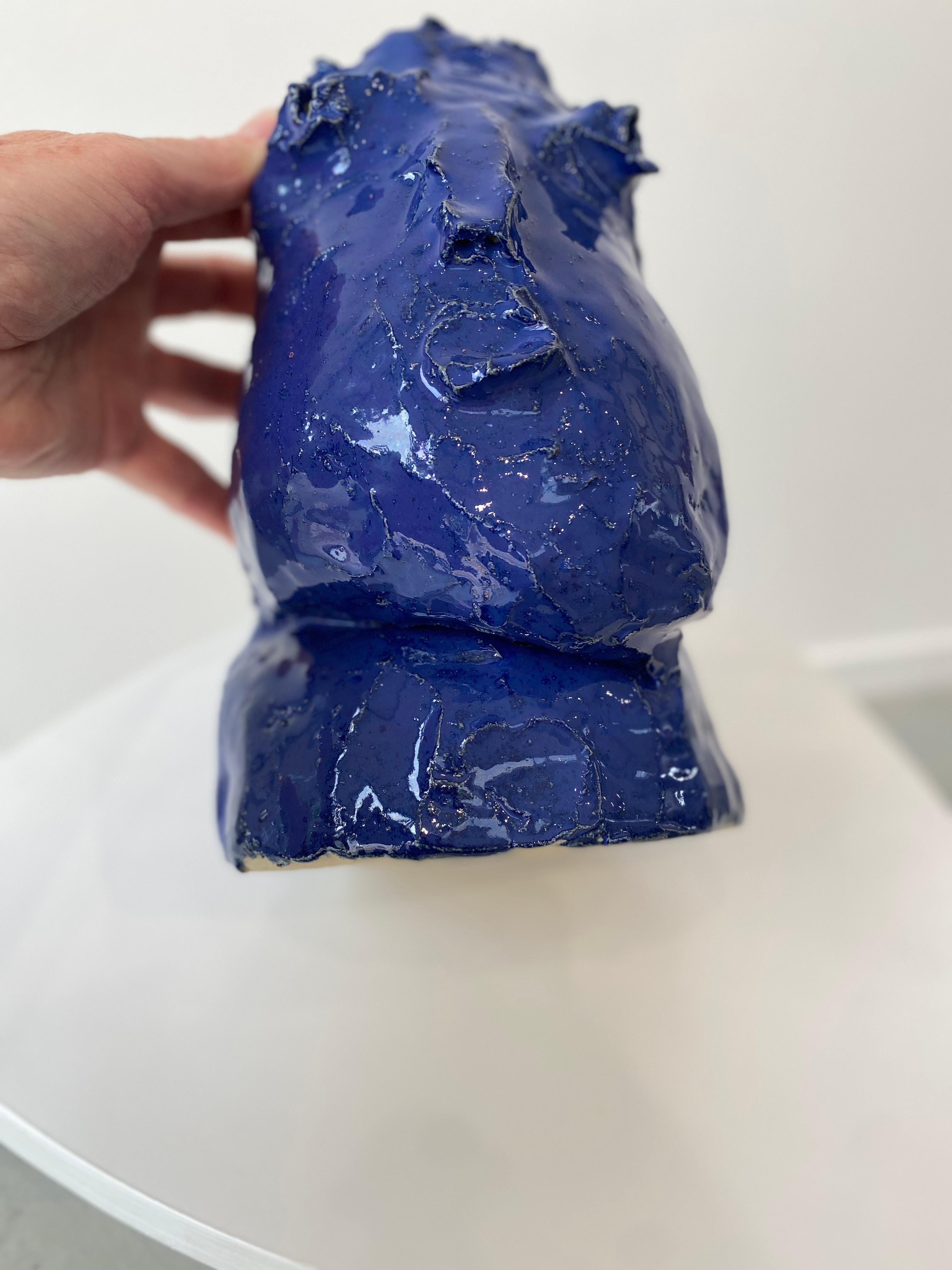 Cobalt blue rustic wabi sabi hand sculpted glazed clay head face vessel vase For Sale 6