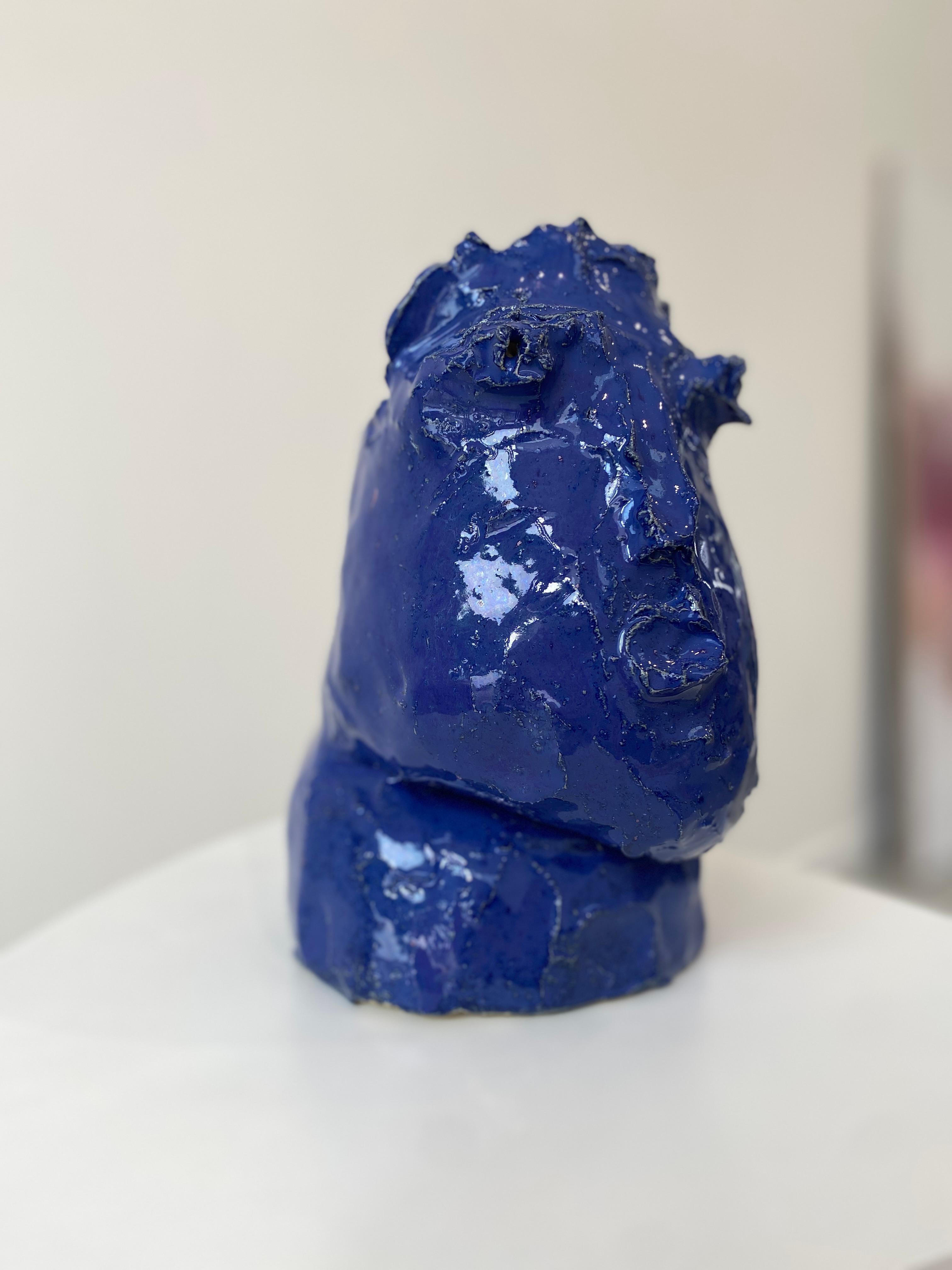 Cobalt blue rustic wabi sabi hand sculpted glazed clay head face vessel vase For Sale 9