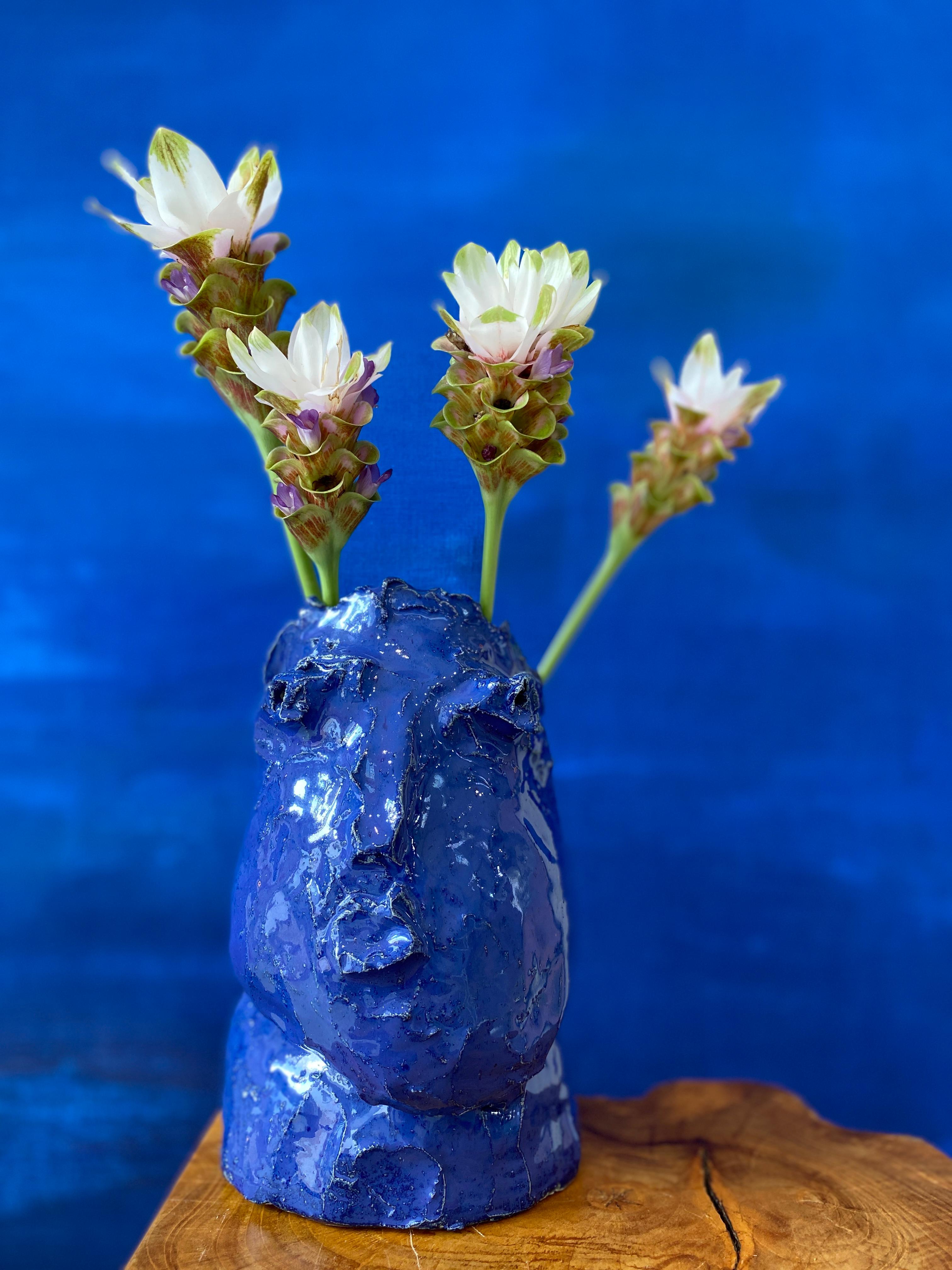 Cobalt blue rustic wabi sabi hand sculpted glazed clay head face vessel vase For Sale 11