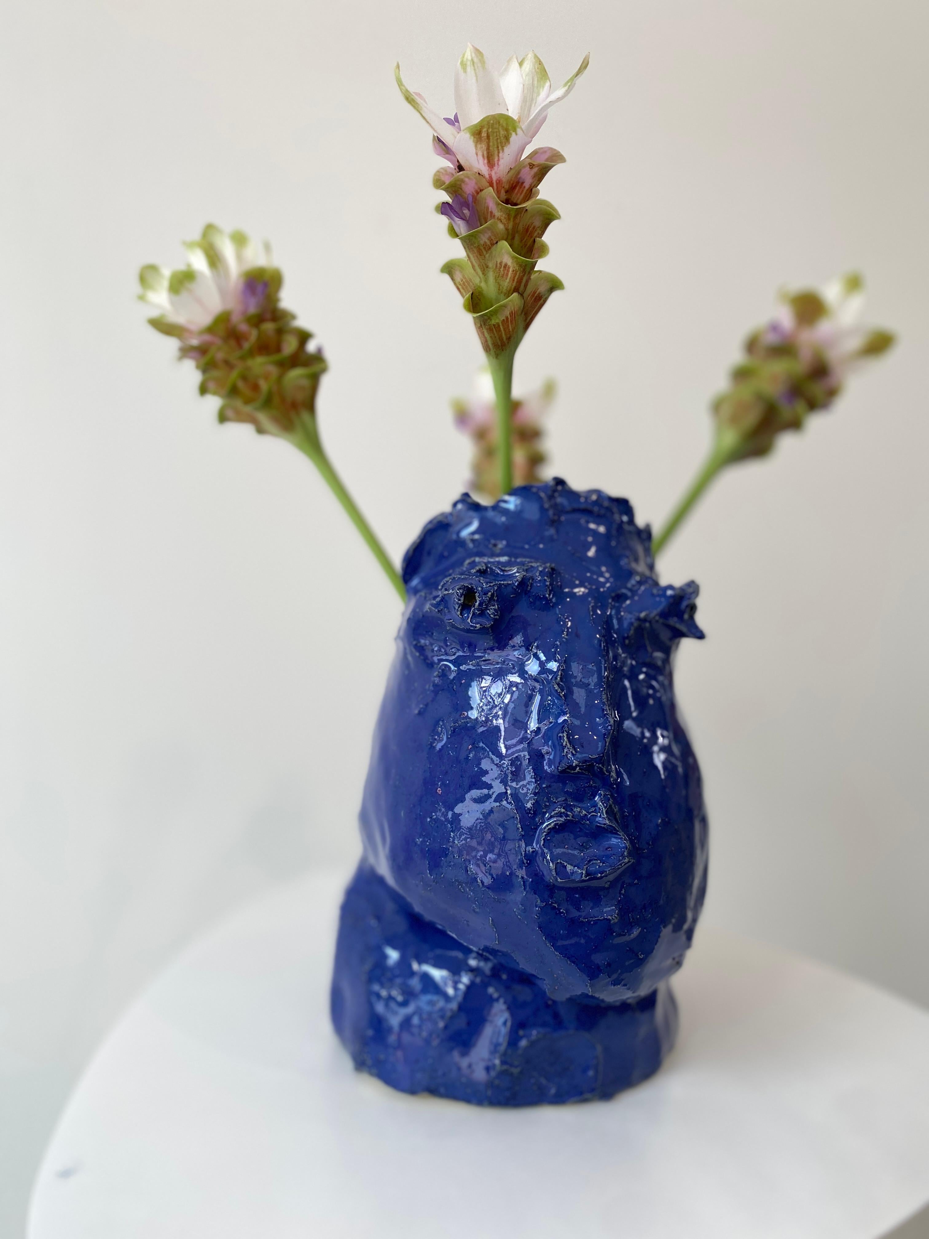 Cobalt blue rustic wabi sabi hand sculpted glazed clay head face vessel vase For Sale 11