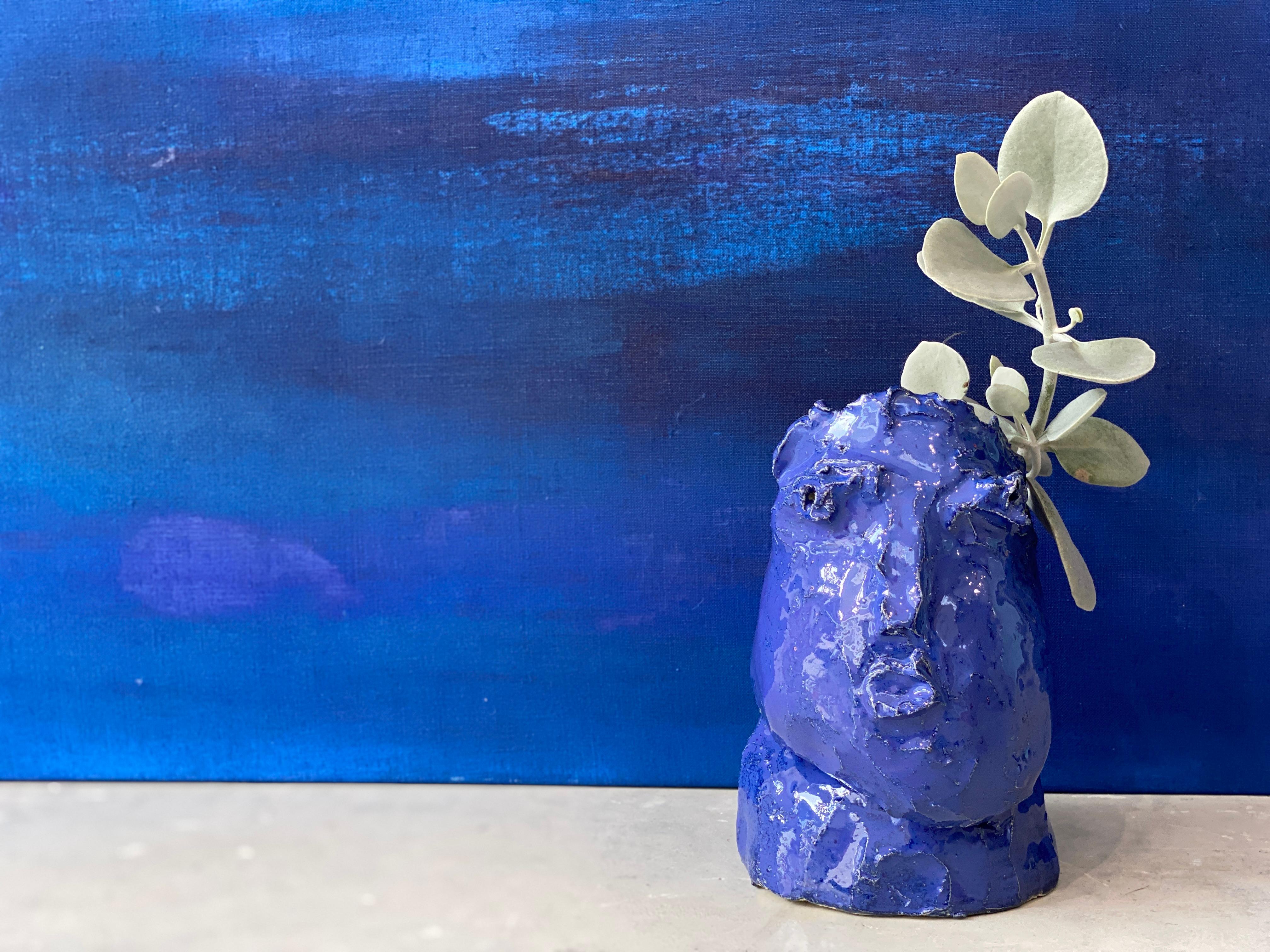 Cobalt blue rustic wabi sabi hand sculpted glazed clay head face vessel vase For Sale 12