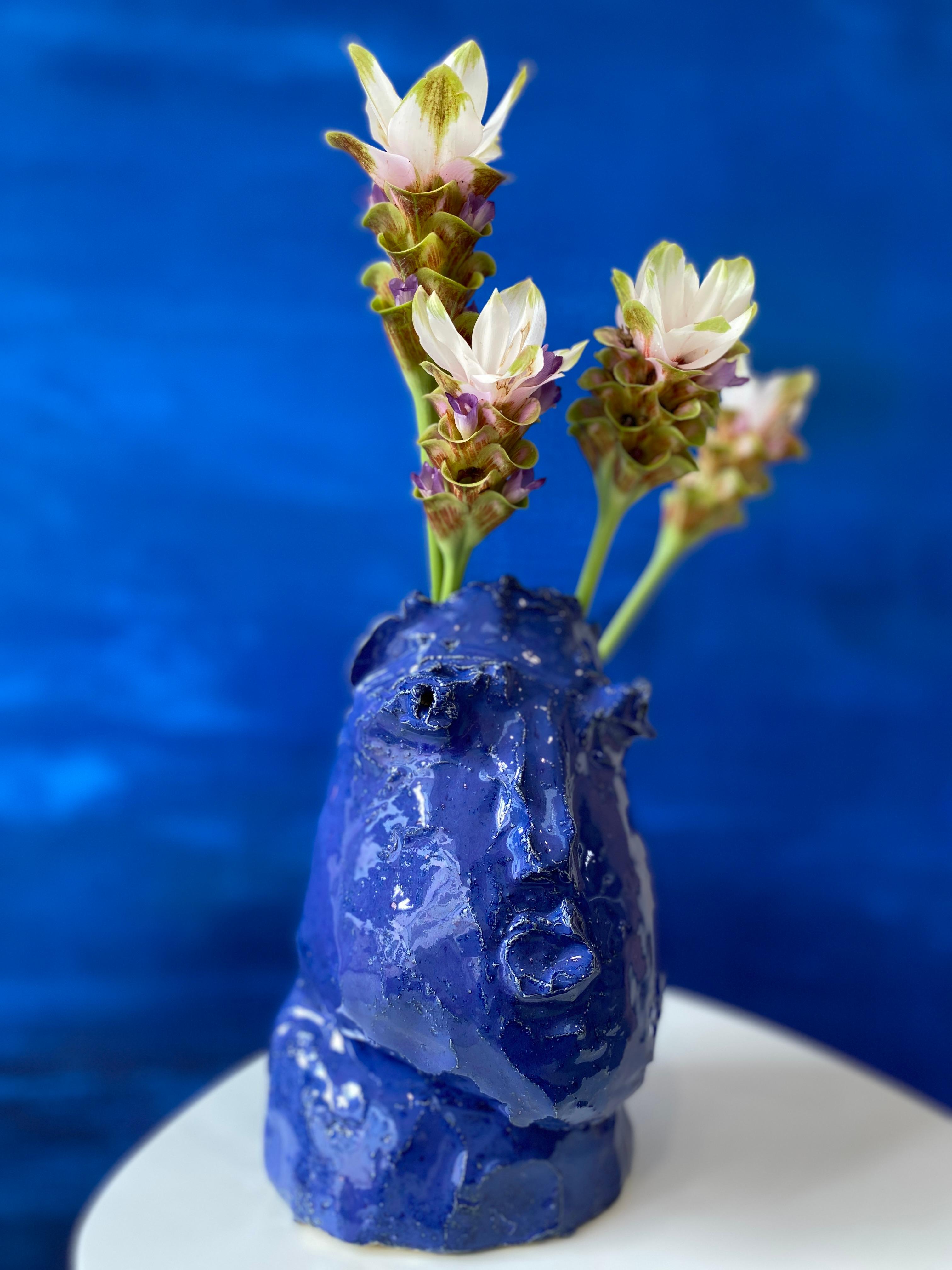 Cobalt blue rustic wabi sabi hand sculpted glazed clay head face vessel vase For Sale 14