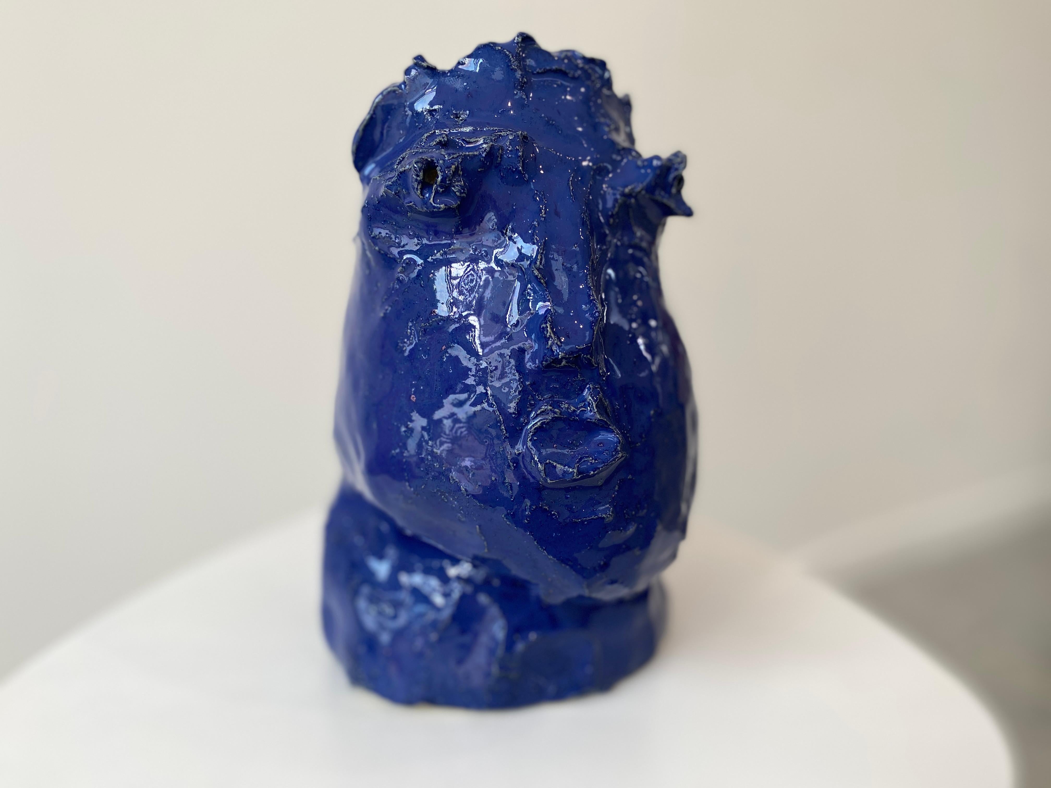 Cobalt blue rustic wabi sabi hand sculpted glazed clay head face vessel vase - Sculpture by Kathleen Rhee