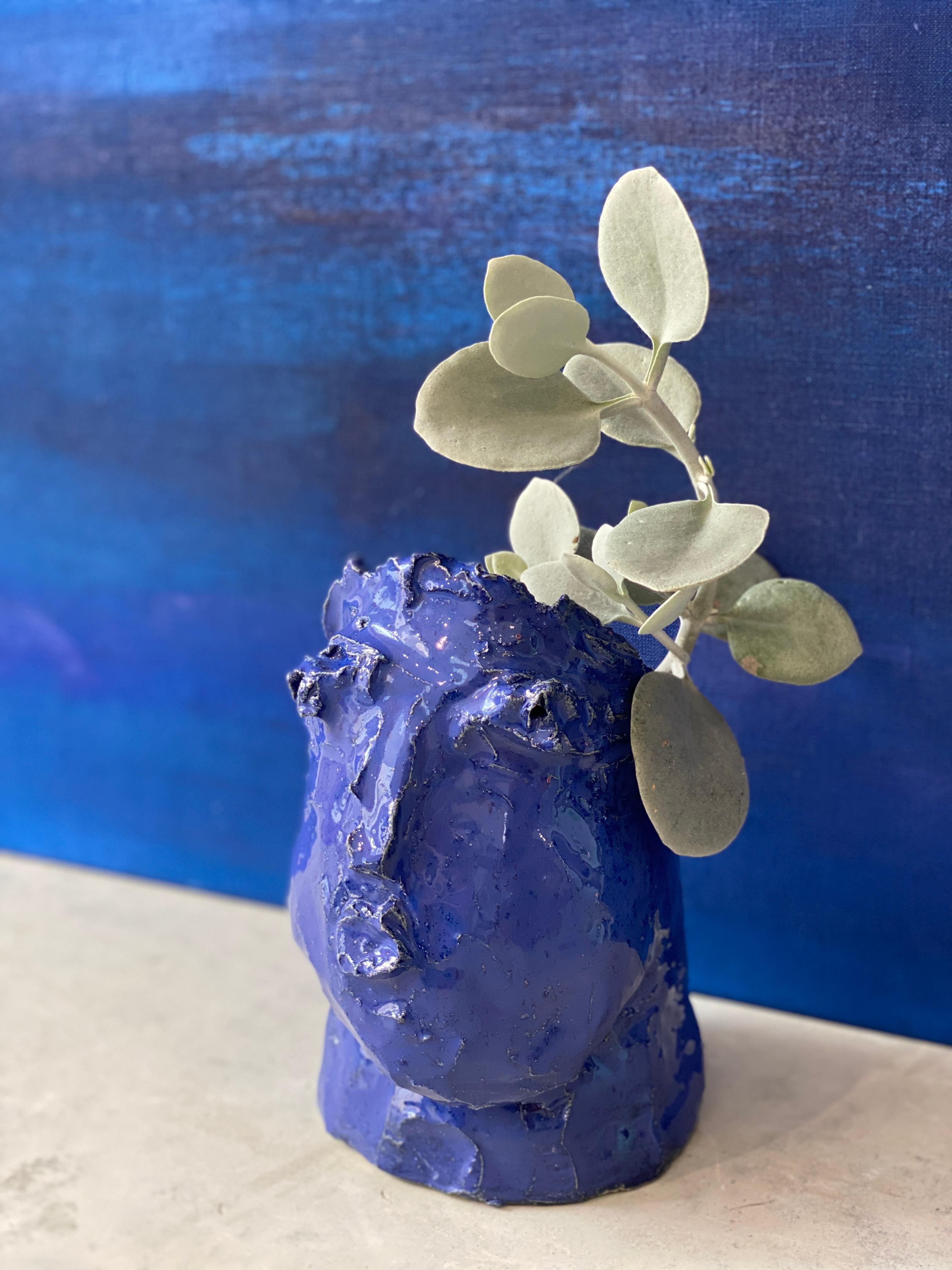 Cobalt blue rustic wabi sabi hand sculpted glazed clay head face vessel vase - Contemporary Sculpture by Kathleen Rhee