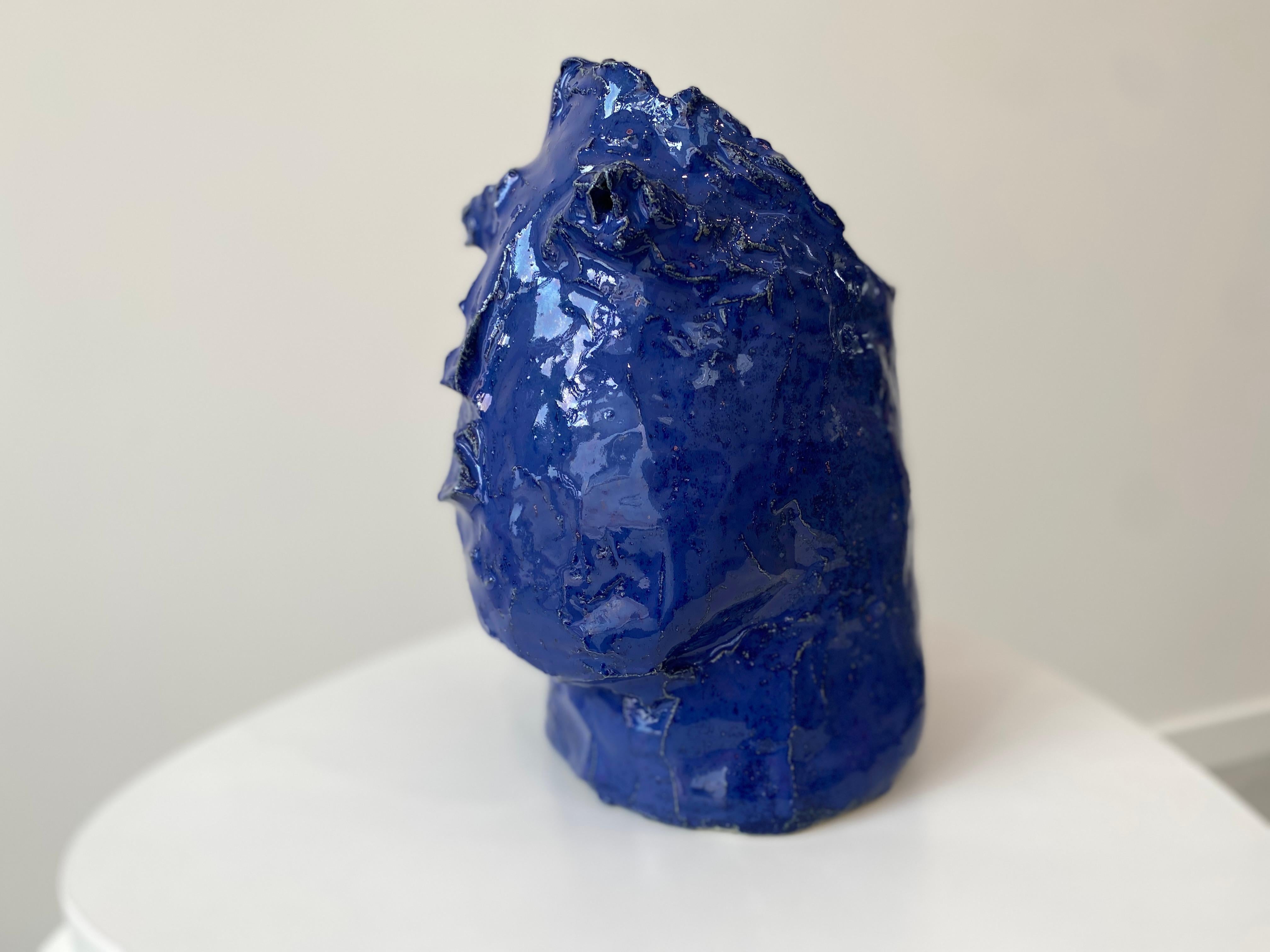 Cobalt blue rustic wabi sabi hand sculpted glazed clay head face vessel vase For Sale 1
