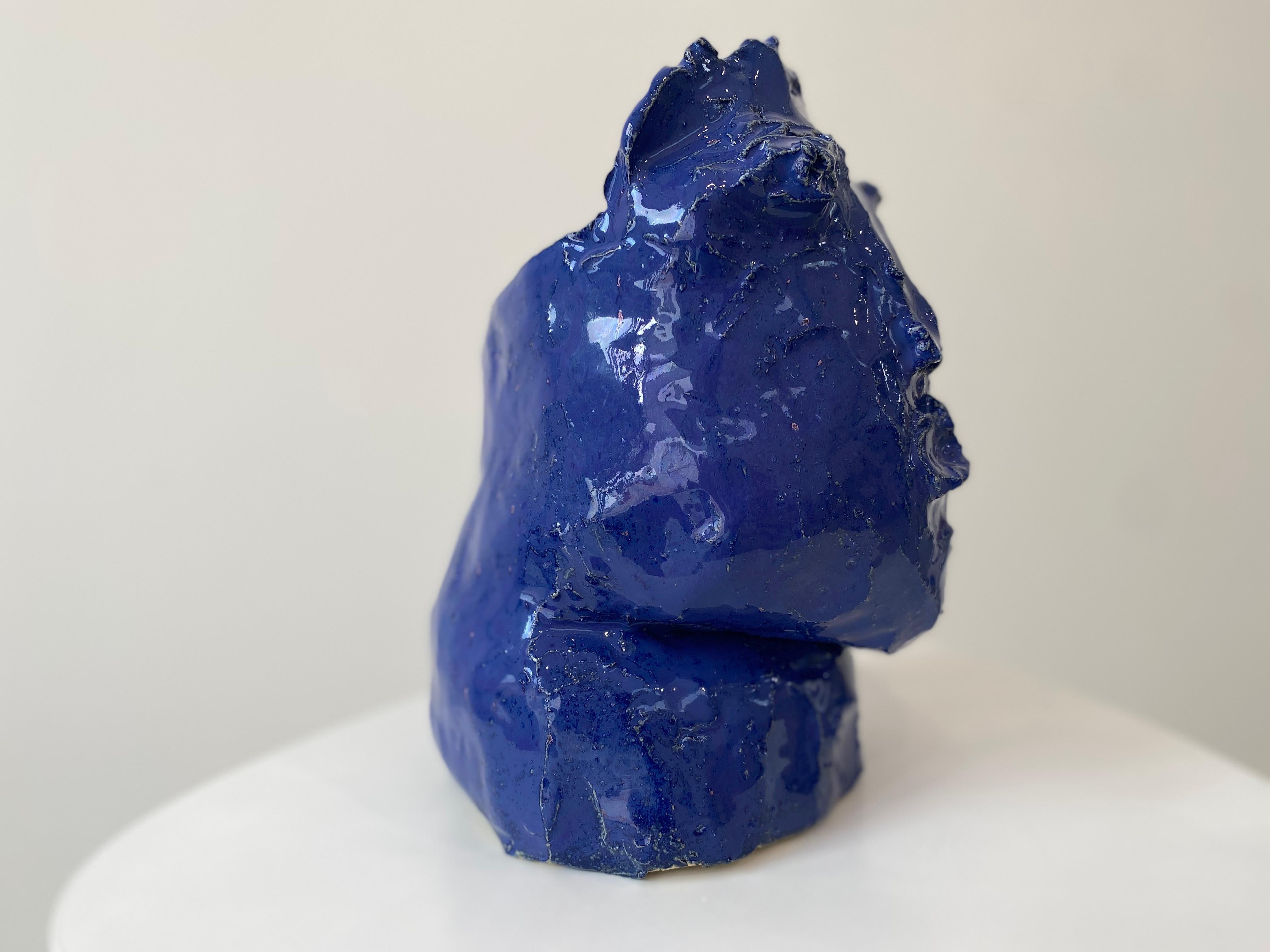 Cobalt blue rustic wabi sabi hand sculpted glazed clay head face vessel vase For Sale 3