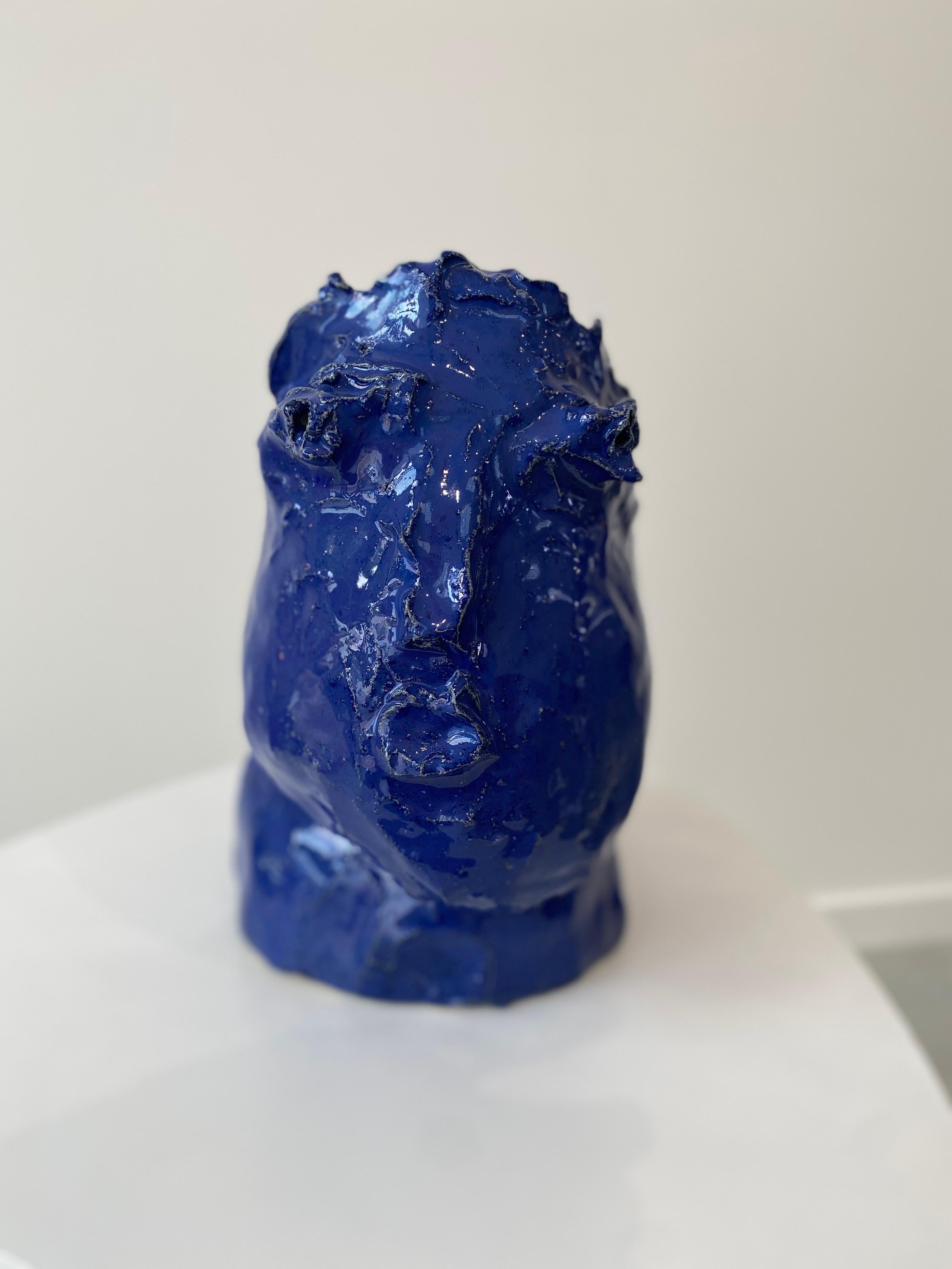 Cobalt blue rustic wabi sabi hand sculpted glazed clay head face vessel vase For Sale 3