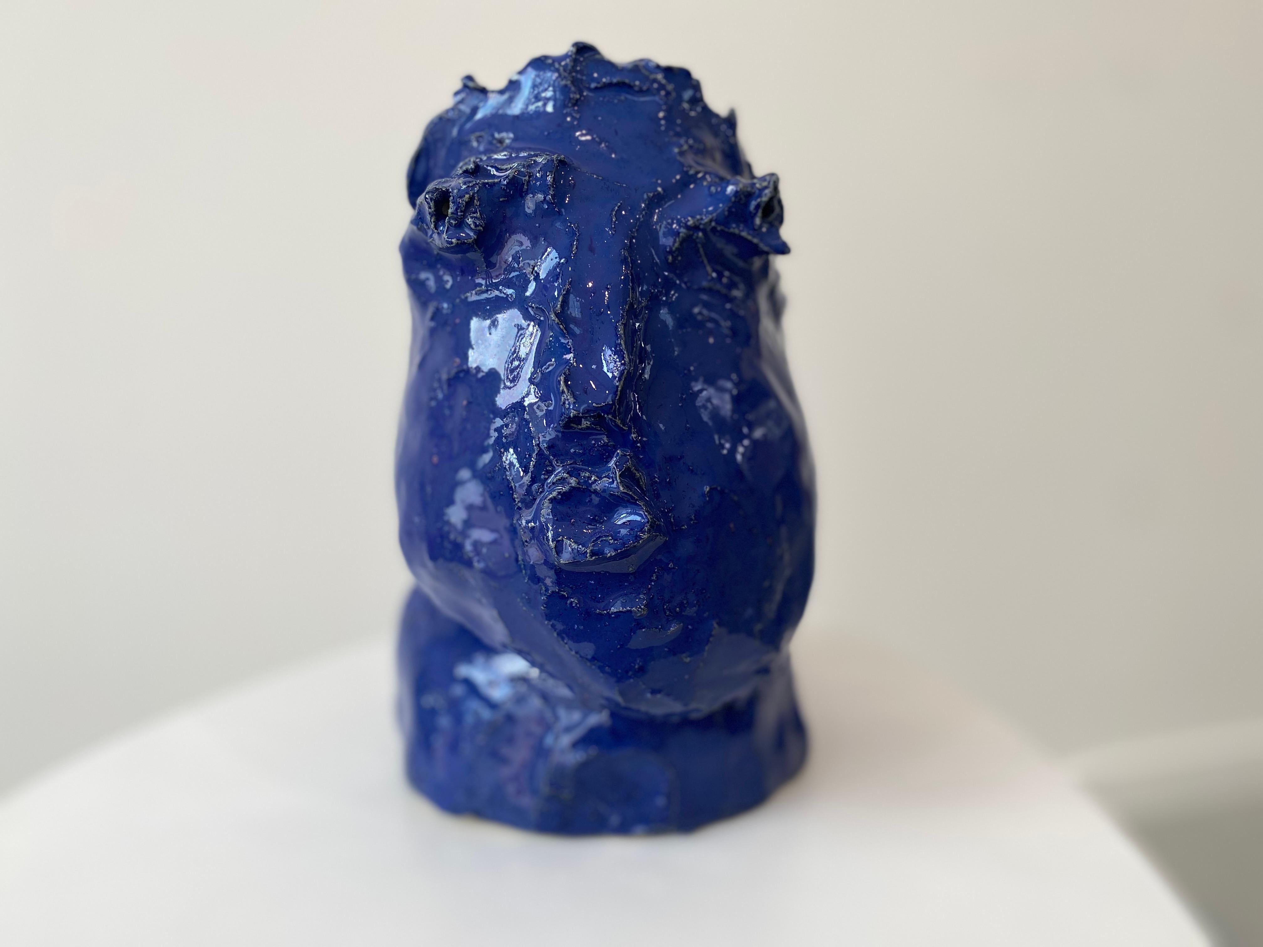 Cobalt blue rustic wabi sabi hand sculpted glazed clay head face vessel vase For Sale 4