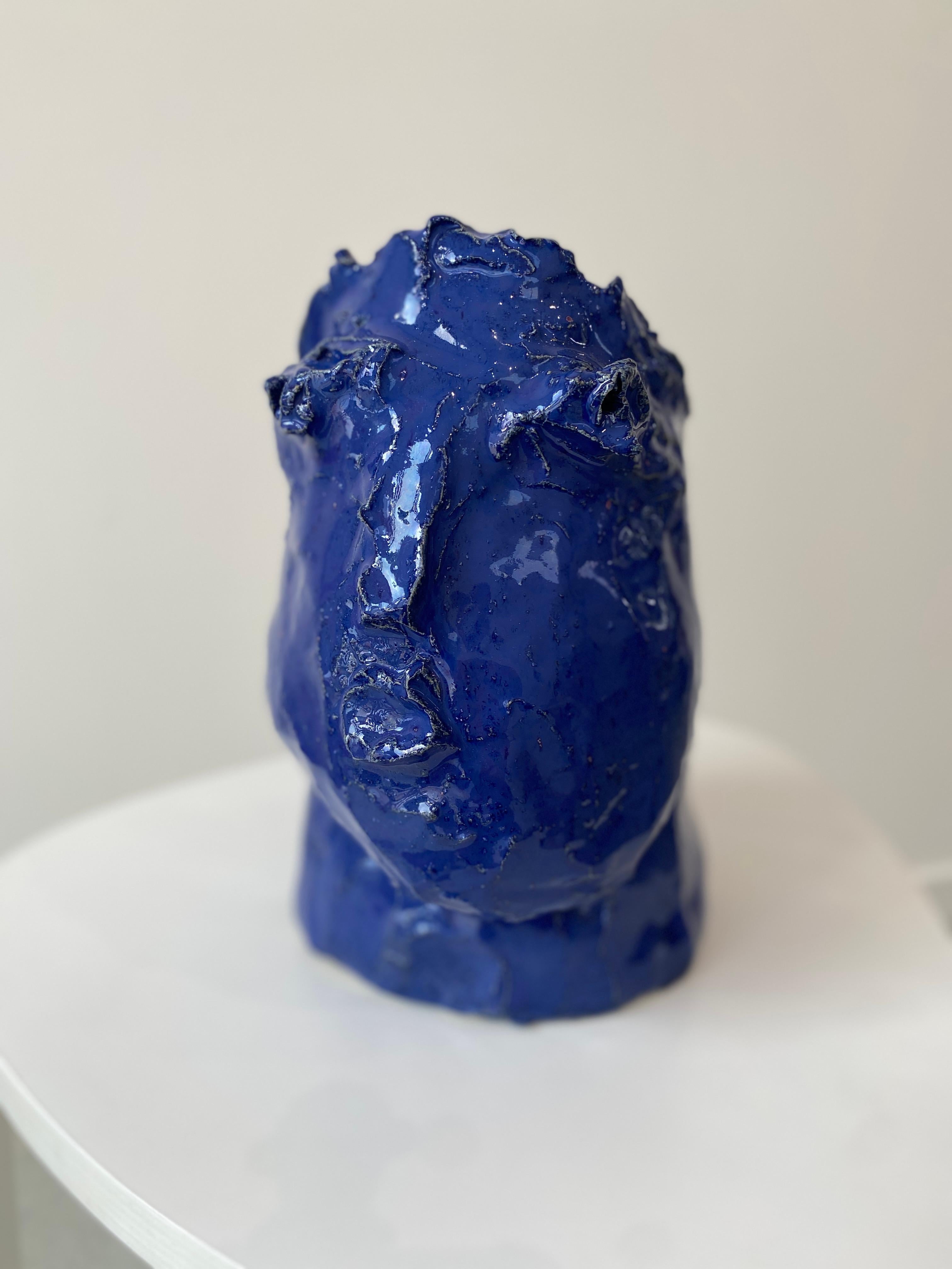Kathleen Rhee Figurative Sculpture - Cobalt blue rustic wabi sabi hand sculpted glazed clay head face vessel vase