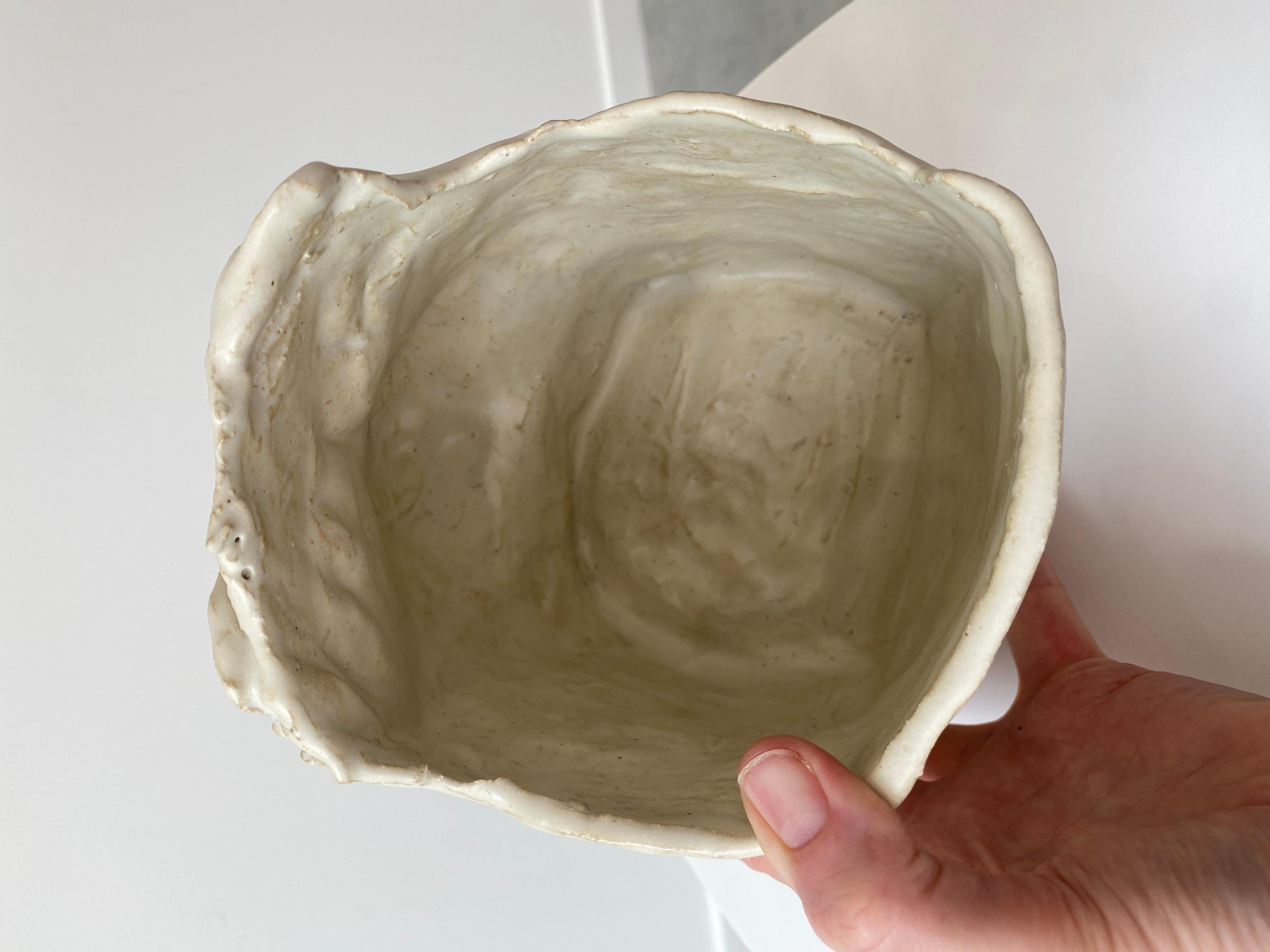 Cream pearl rustic wabi sabi hand sculpted glazed clay head face vessel vase For Sale 4