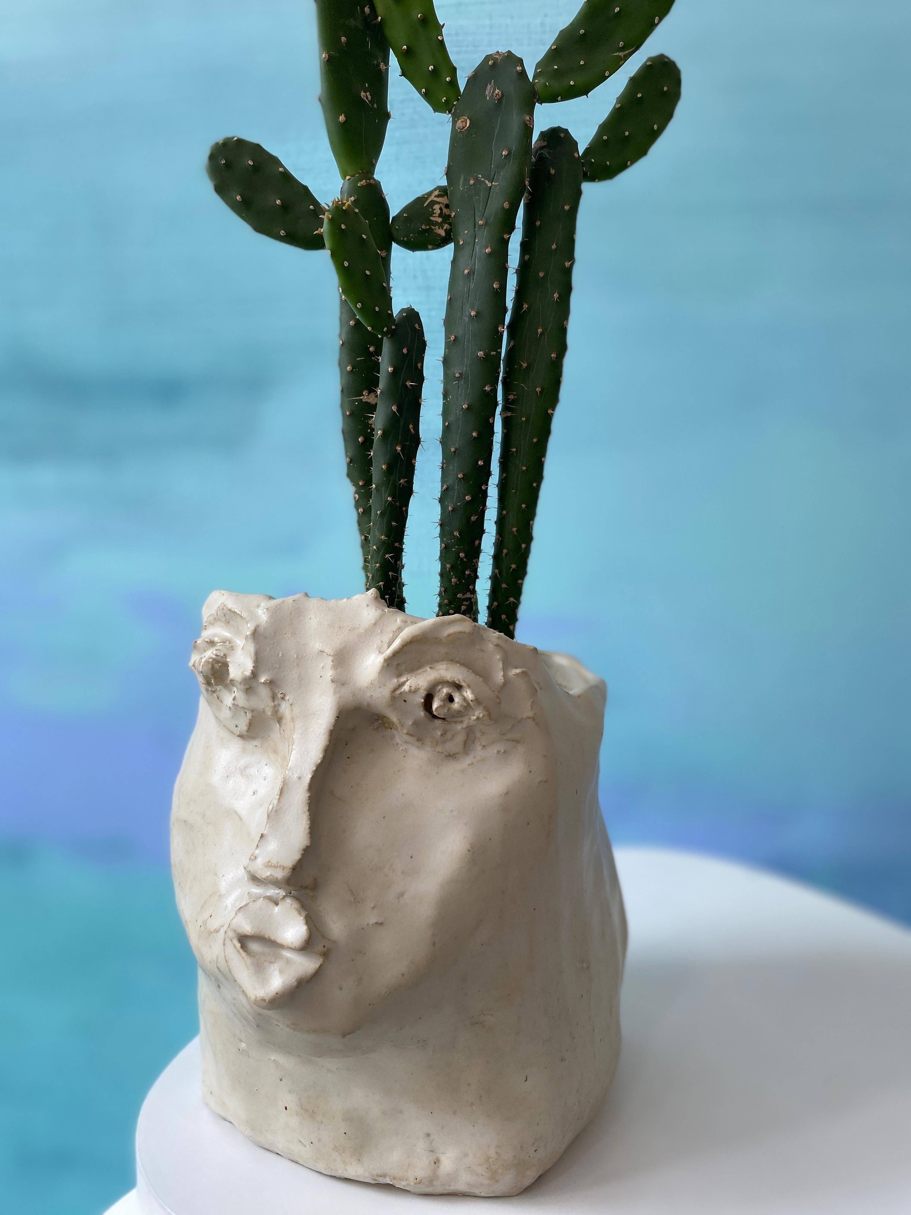 Cream pearl rustic wabi sabi hand sculpted glazed clay head face vessel vase For Sale 5