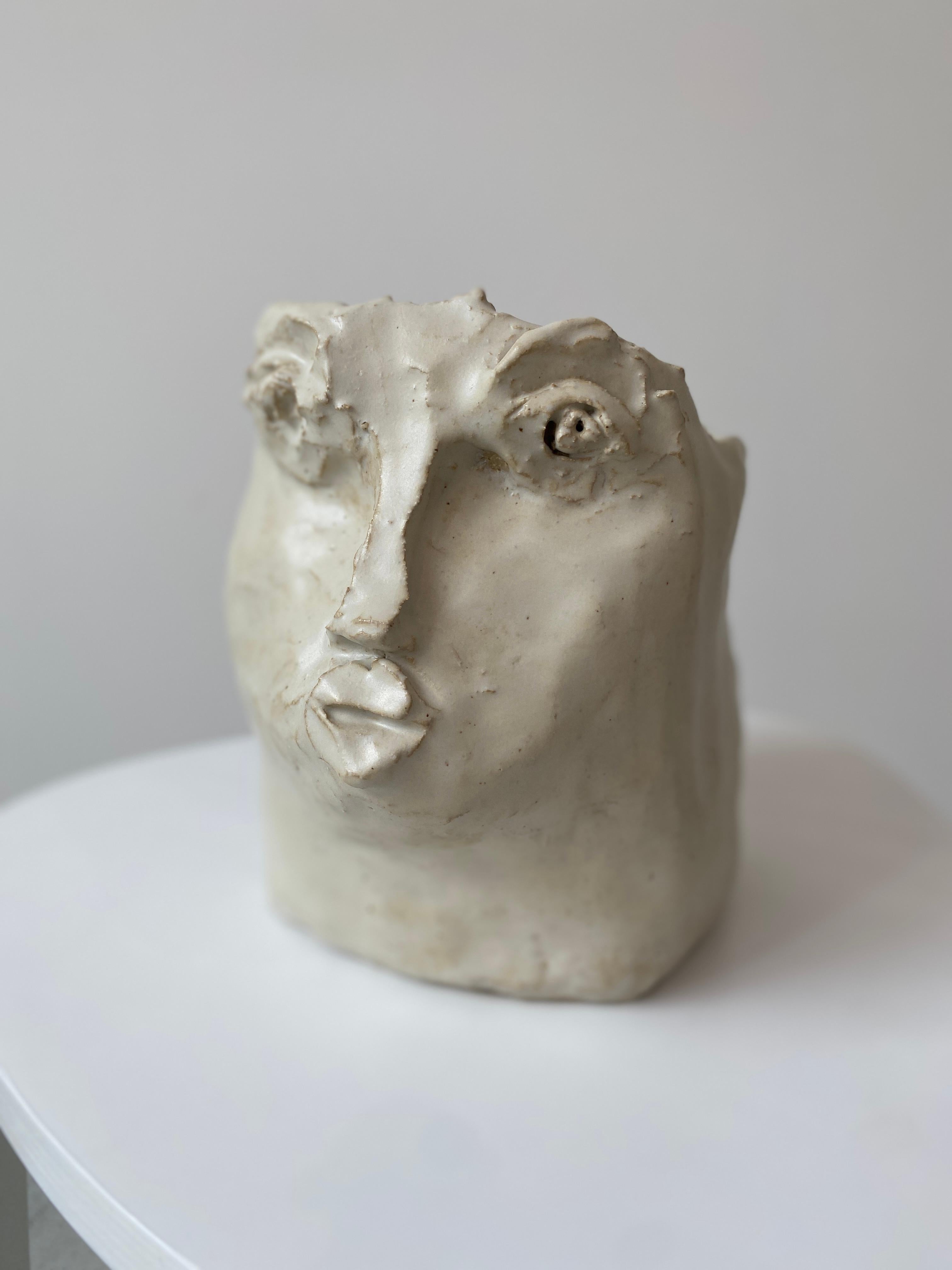 Cream pearl rustic wabi sabi hand sculpted glazed clay head face vessel vase For Sale 8