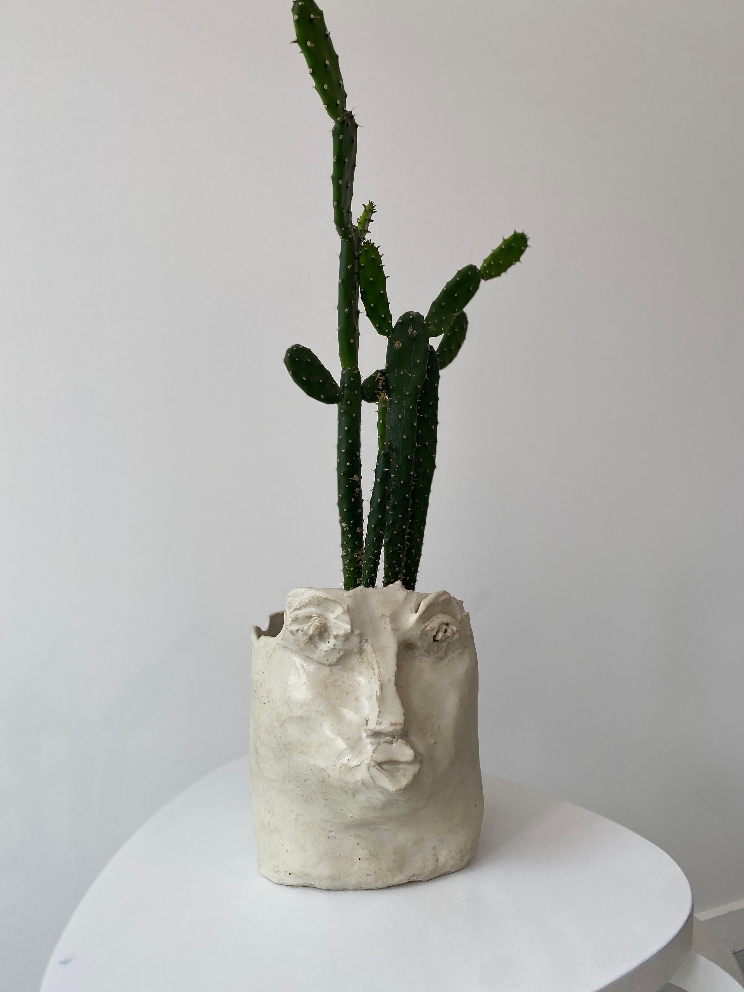 Cream pearl rustic wabi sabi hand sculpted glazed clay head face vessel vase For Sale 9