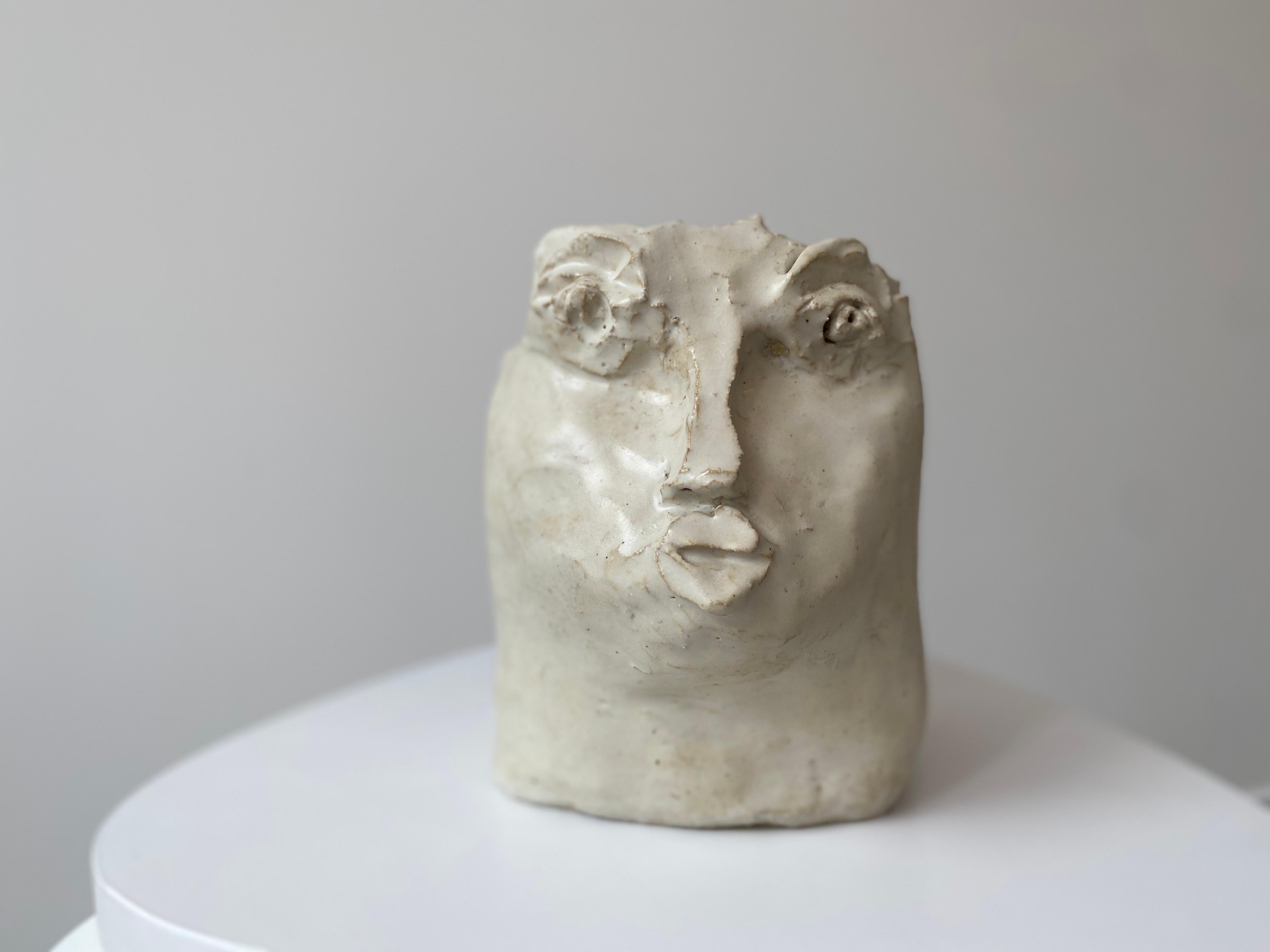 Cream pearl rustic wabi sabi hand sculpted glazed clay head face vessel vase - Sculpture by Kathleen Rhee