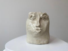 head sculpture clay portrait vessel vase cream glazed rustic handmade original