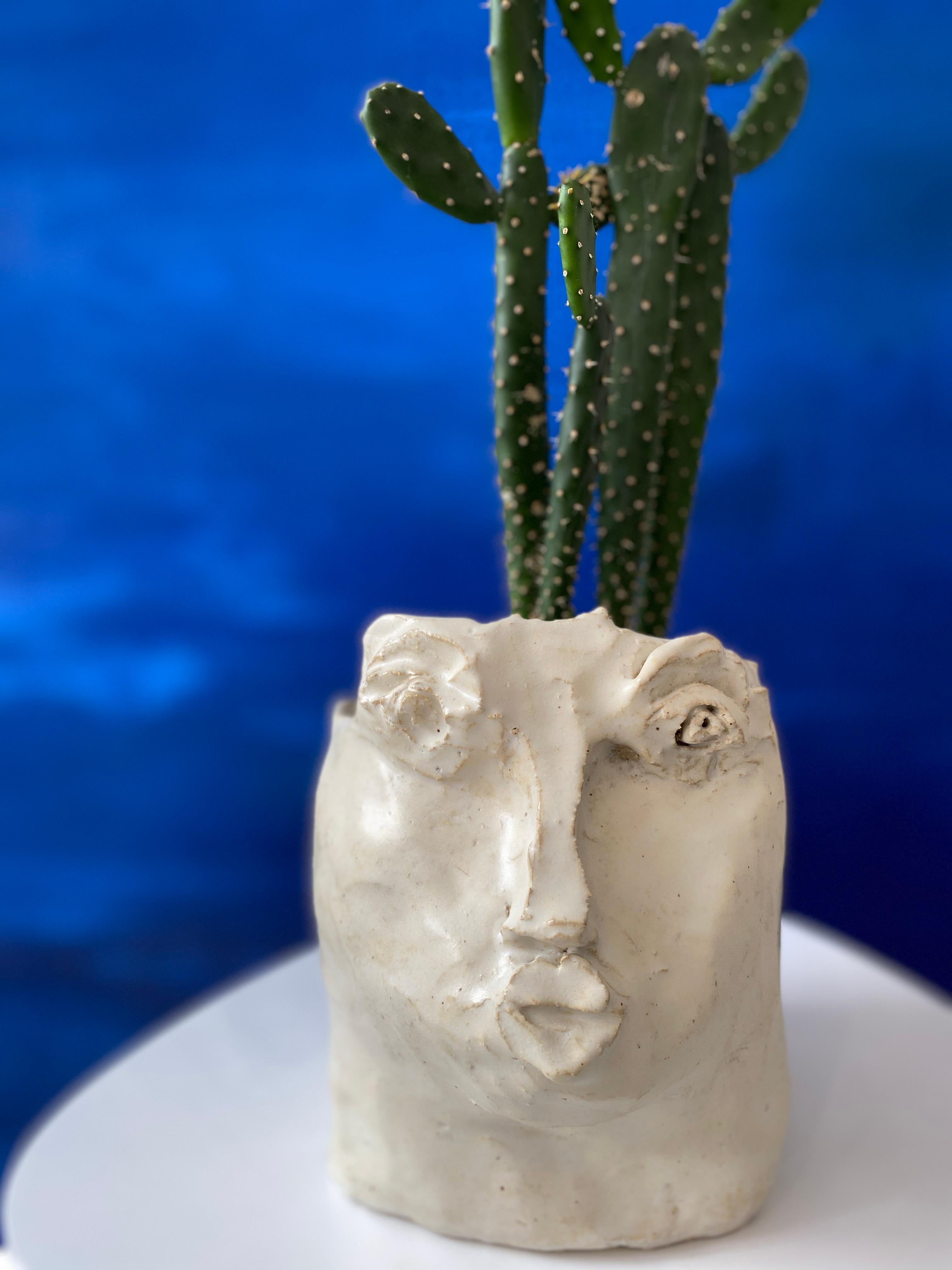 Cream pearl rustic wabi sabi hand sculpted glazed clay head face vessel vase For Sale 3