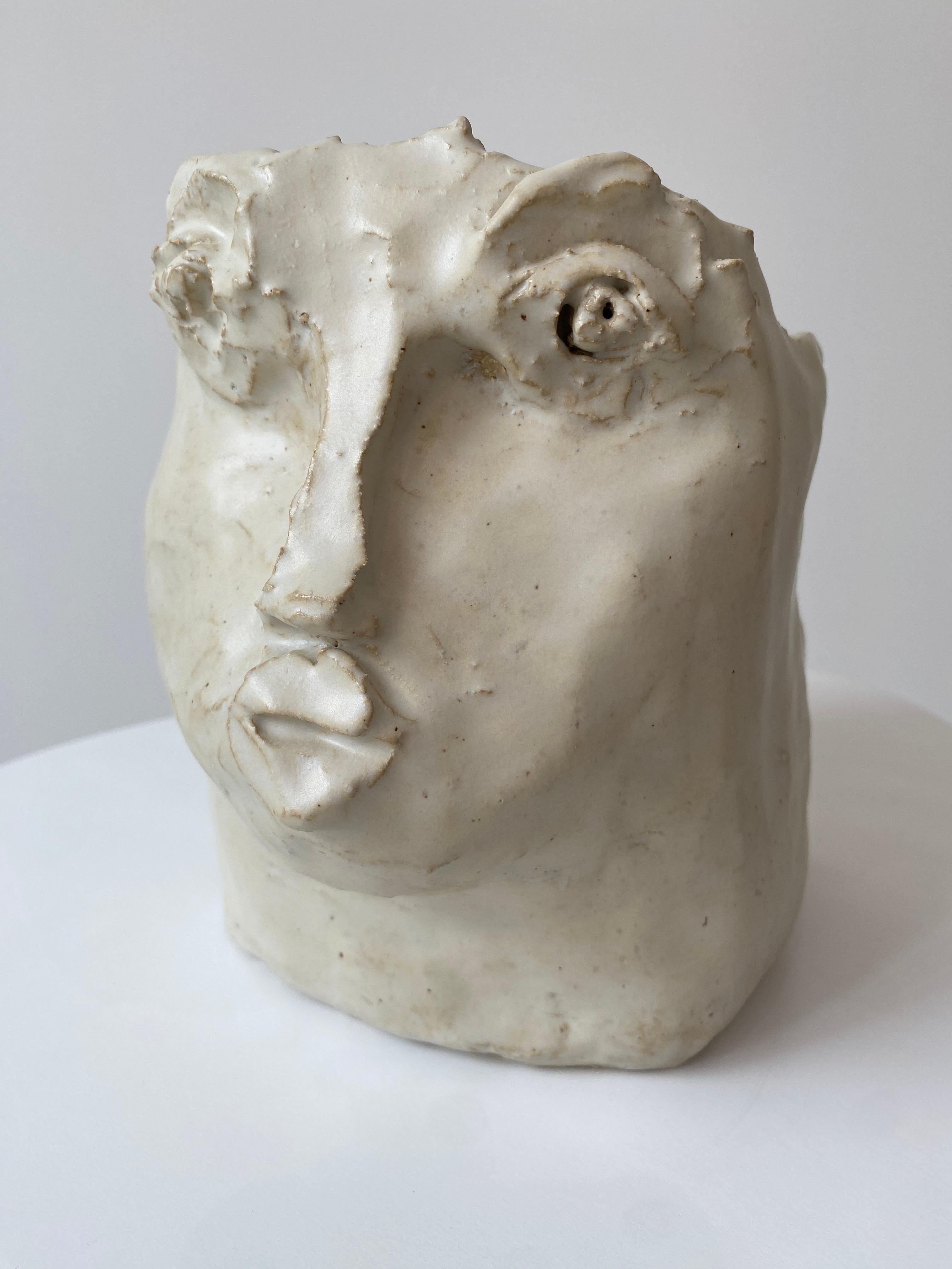 Kathleen Rhee Figurative Sculpture - Cream pearl rustic wabi sabi hand sculpted glazed clay head face vessel vase