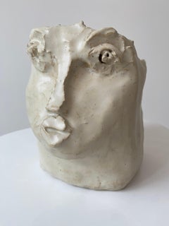 Vintage Cream pearl rustic wabi sabi hand sculpted glazed clay head face vessel vase