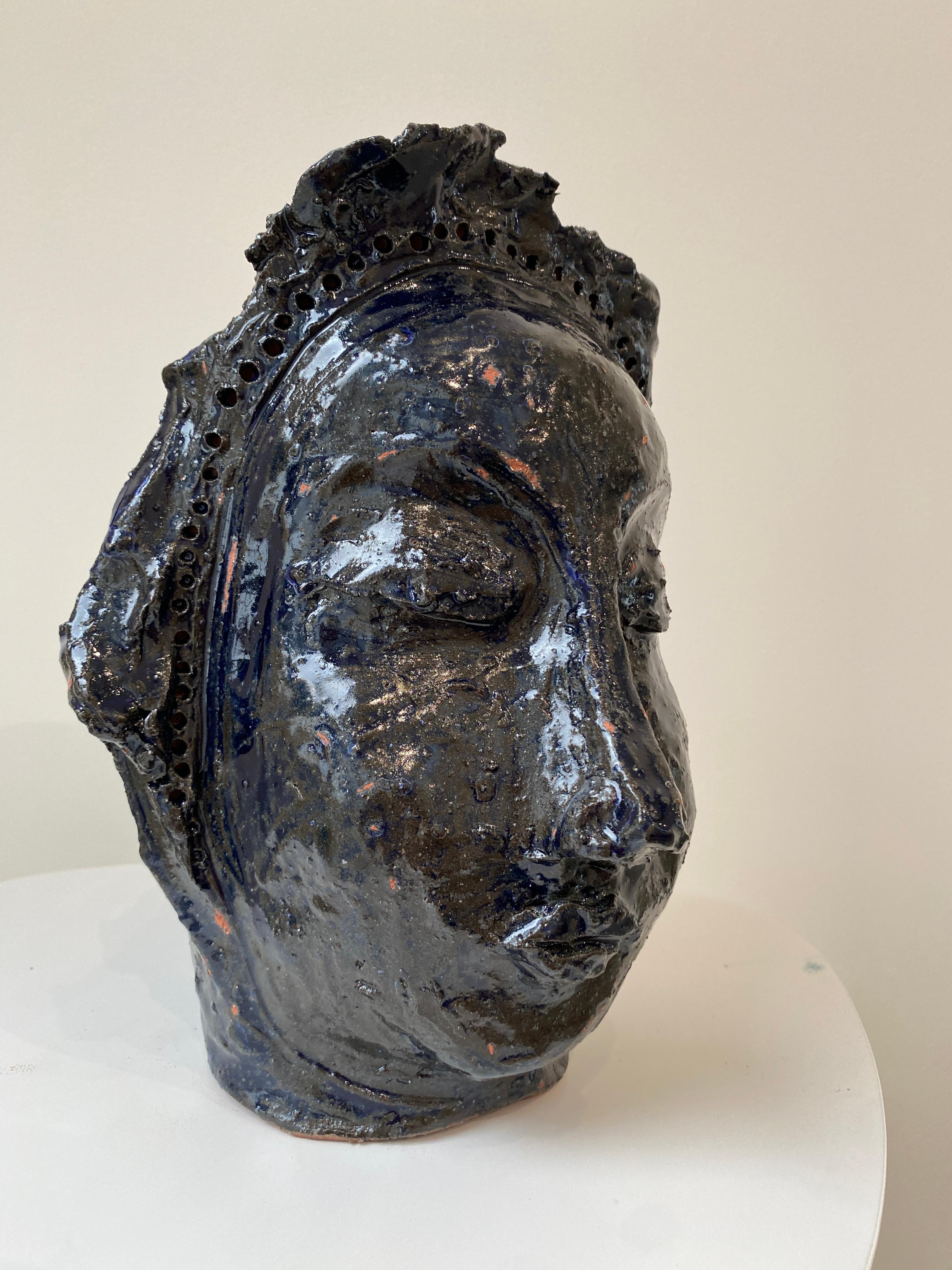 Deep dark blue rustic wabi sabi hand sculpted glazed clay face vessel head face For Sale 9