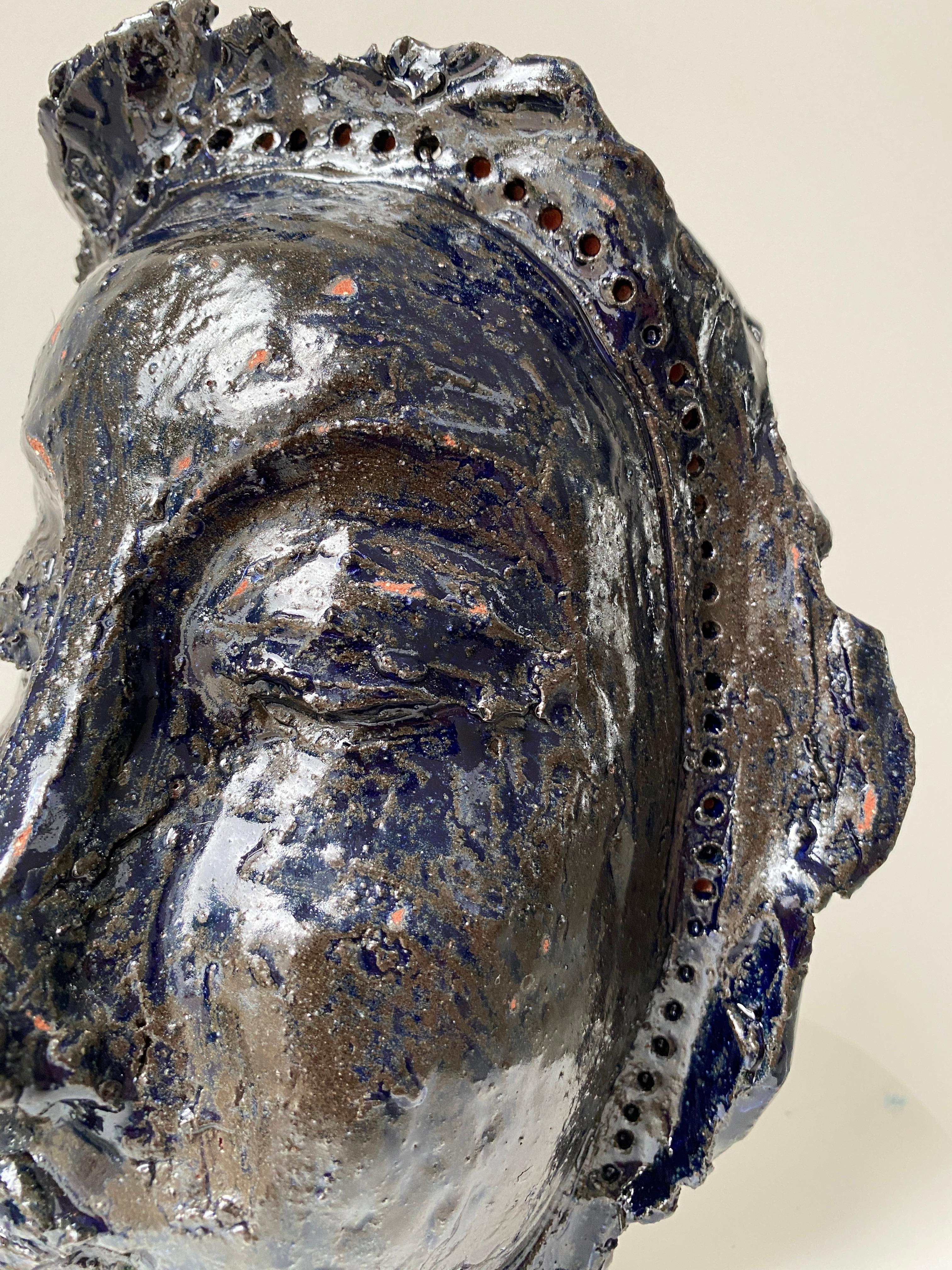 Deep dark blue rustic wabi sabi hand sculpted glazed clay face vessel head face For Sale 10