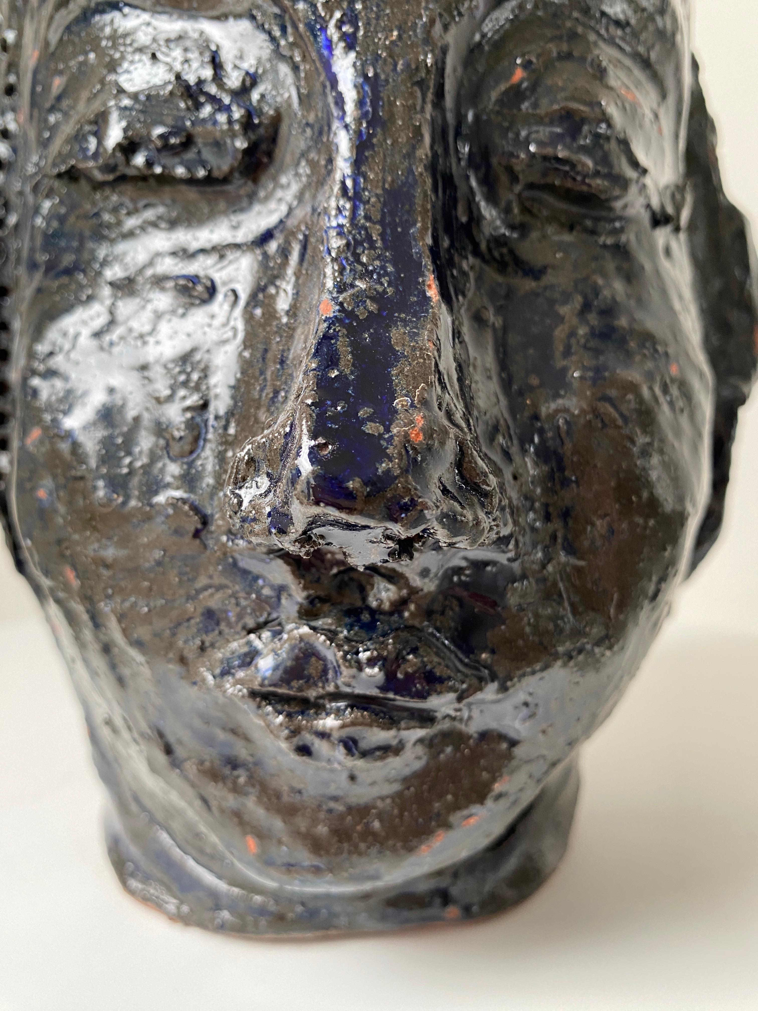 Deep dark blue rustic wabi sabi hand sculpted glazed clay face vessel head face For Sale 11