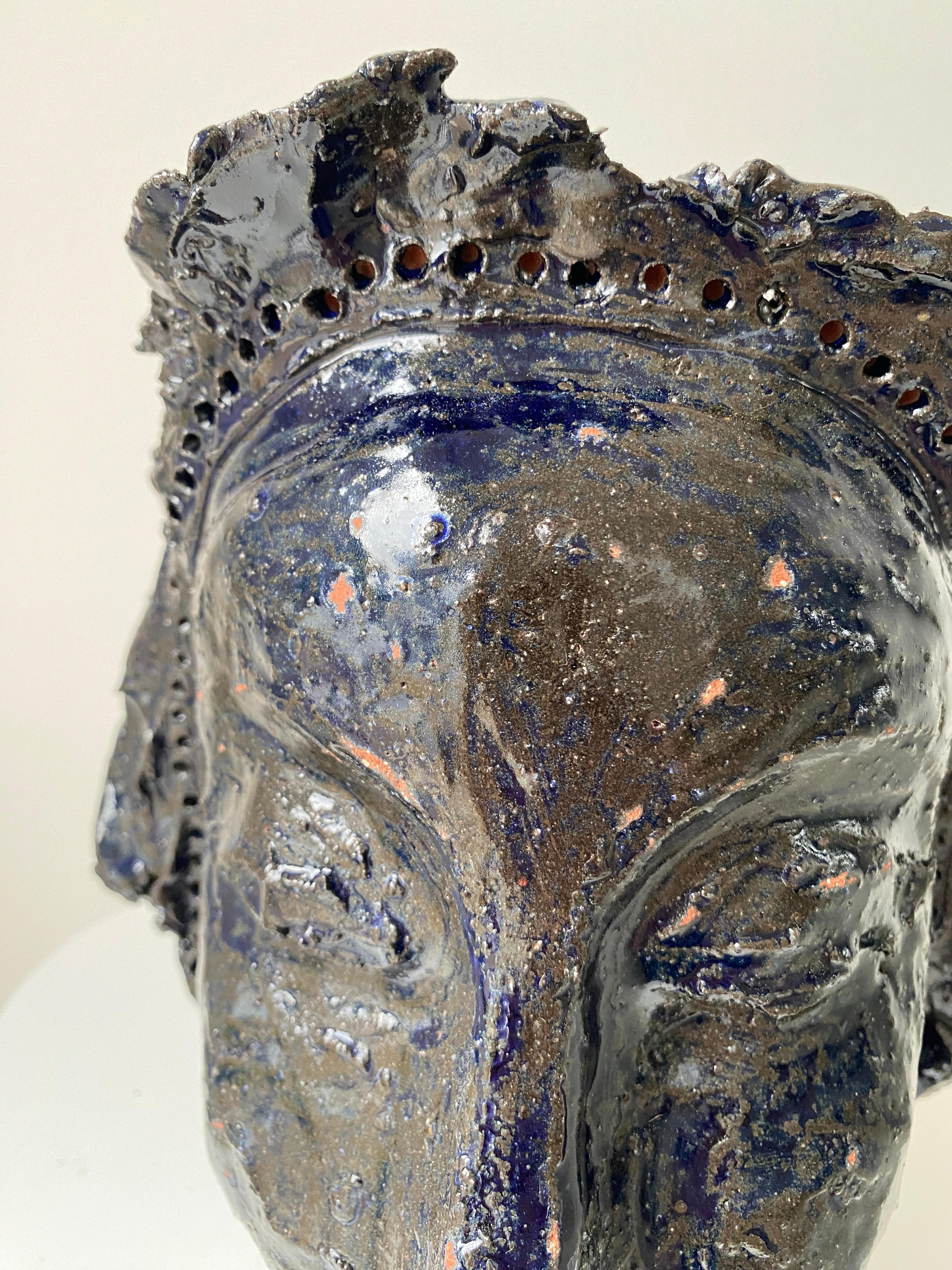 Deep dark blue rustic wabi sabi hand sculpted glazed clay face vessel head face For Sale 12