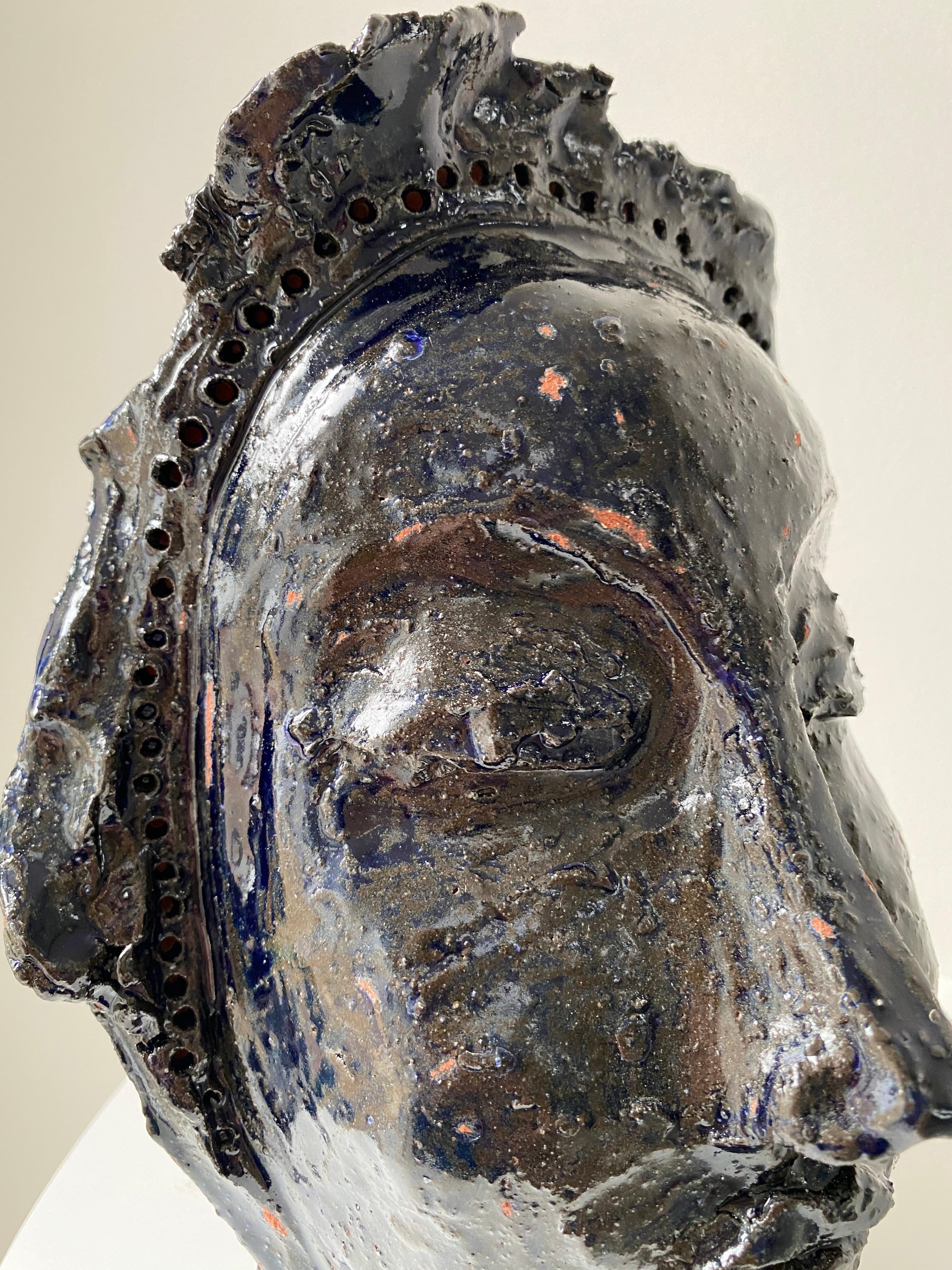 Deep dark blue rustic wabi sabi hand sculpted glazed clay face vessel head face For Sale 13