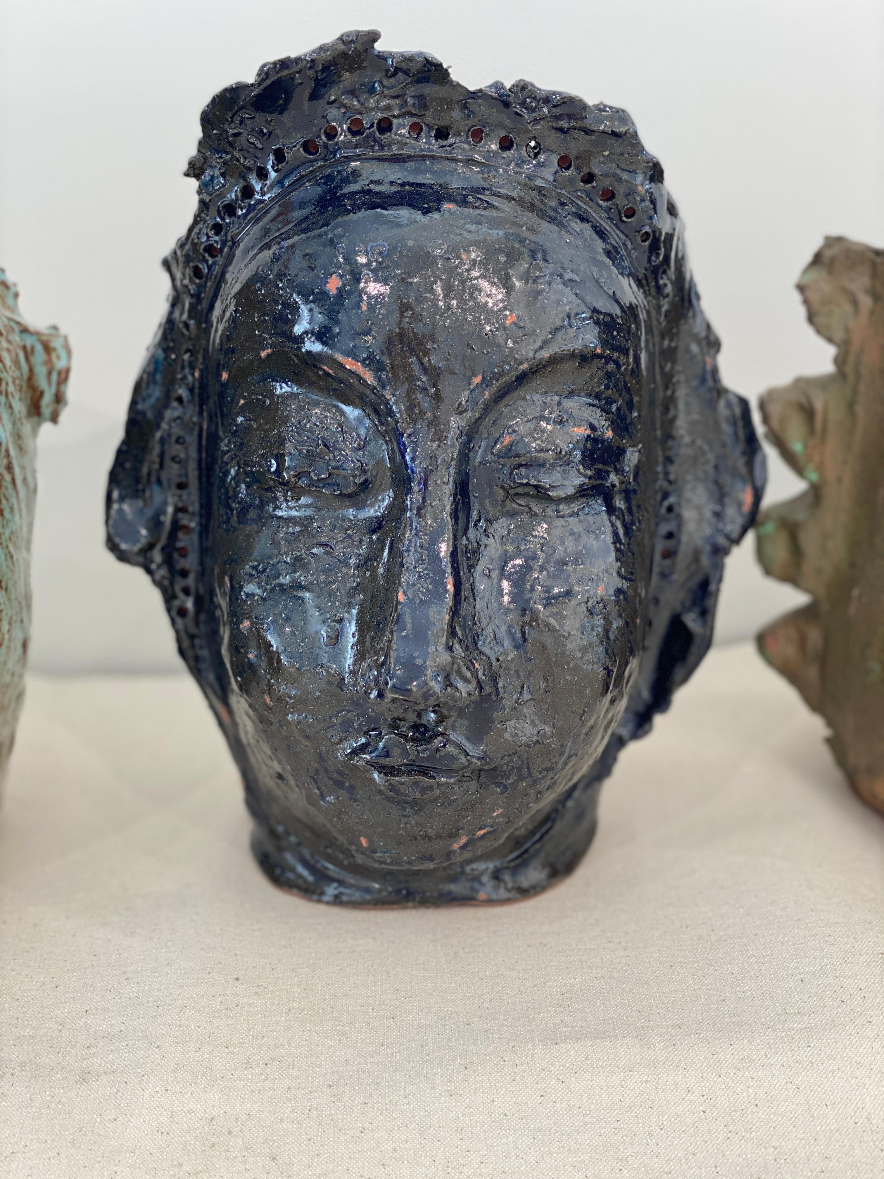 Deep dark blue rustic wabi sabi hand sculpted glazed clay face vessel head face - Sculpture by Kathleen Rhee