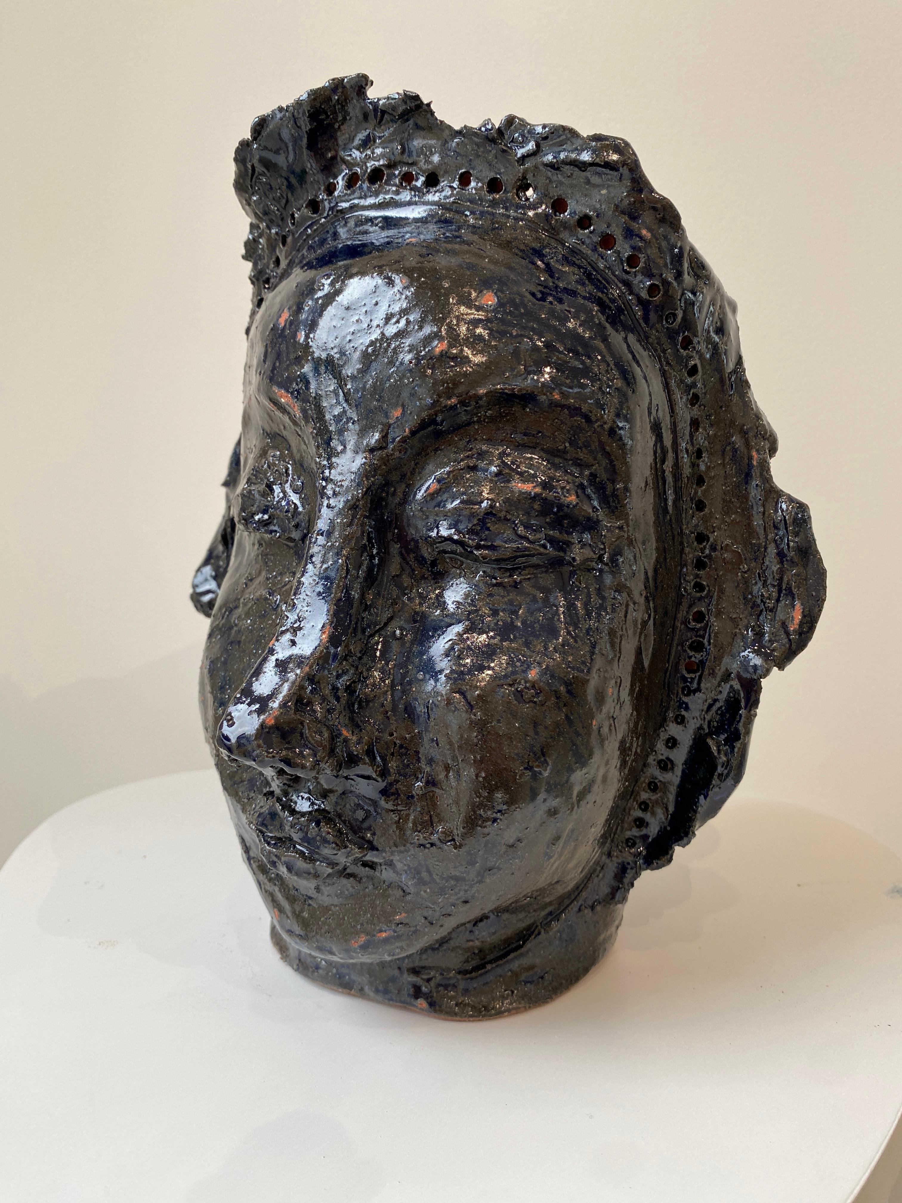 Deep dark blue rustic wabi sabi hand sculpted glazed clay face vessel head face For Sale 2