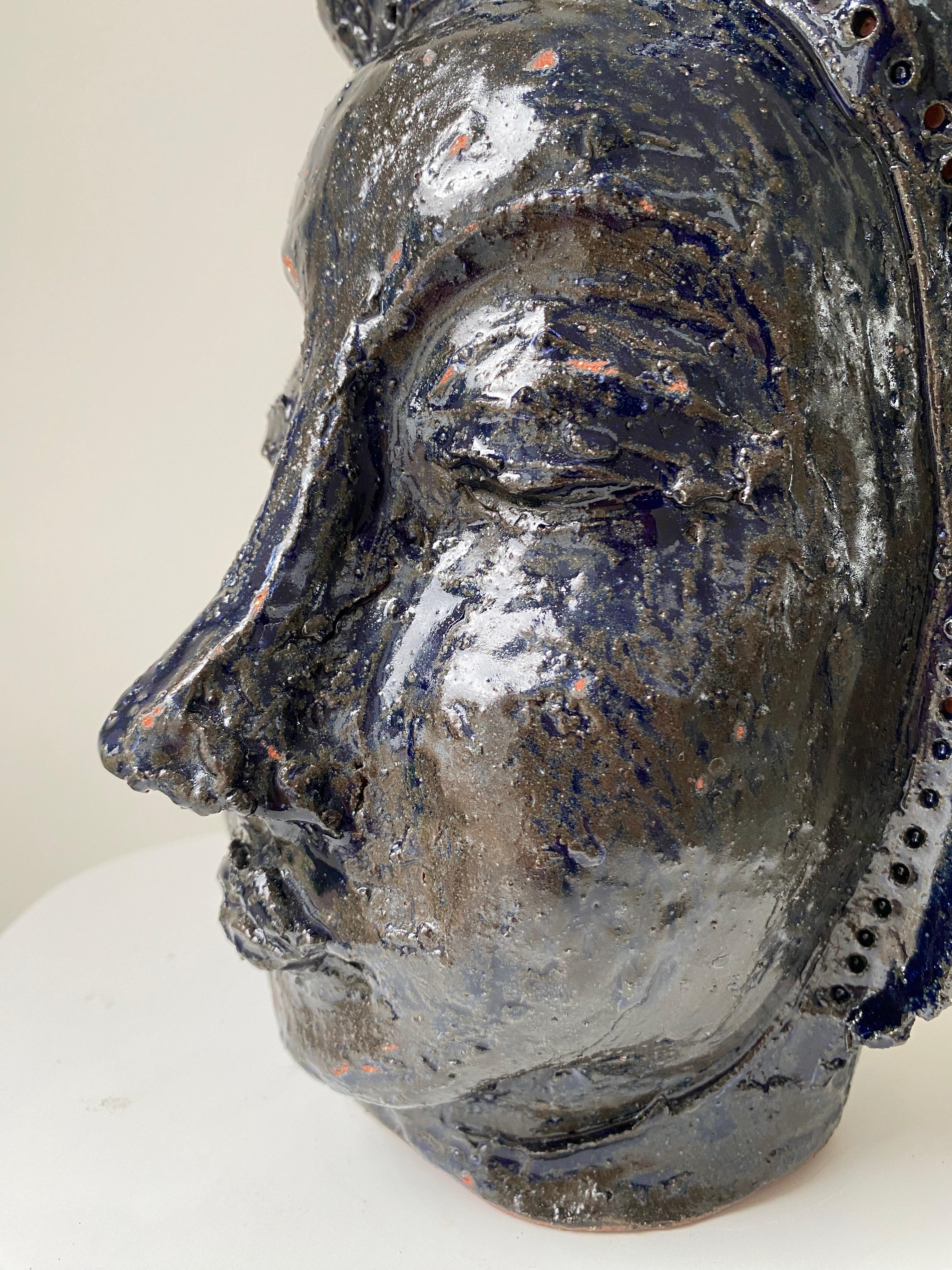 Deep dark blue rustic wabi sabi hand sculpted glazed clay face vessel head face For Sale 3