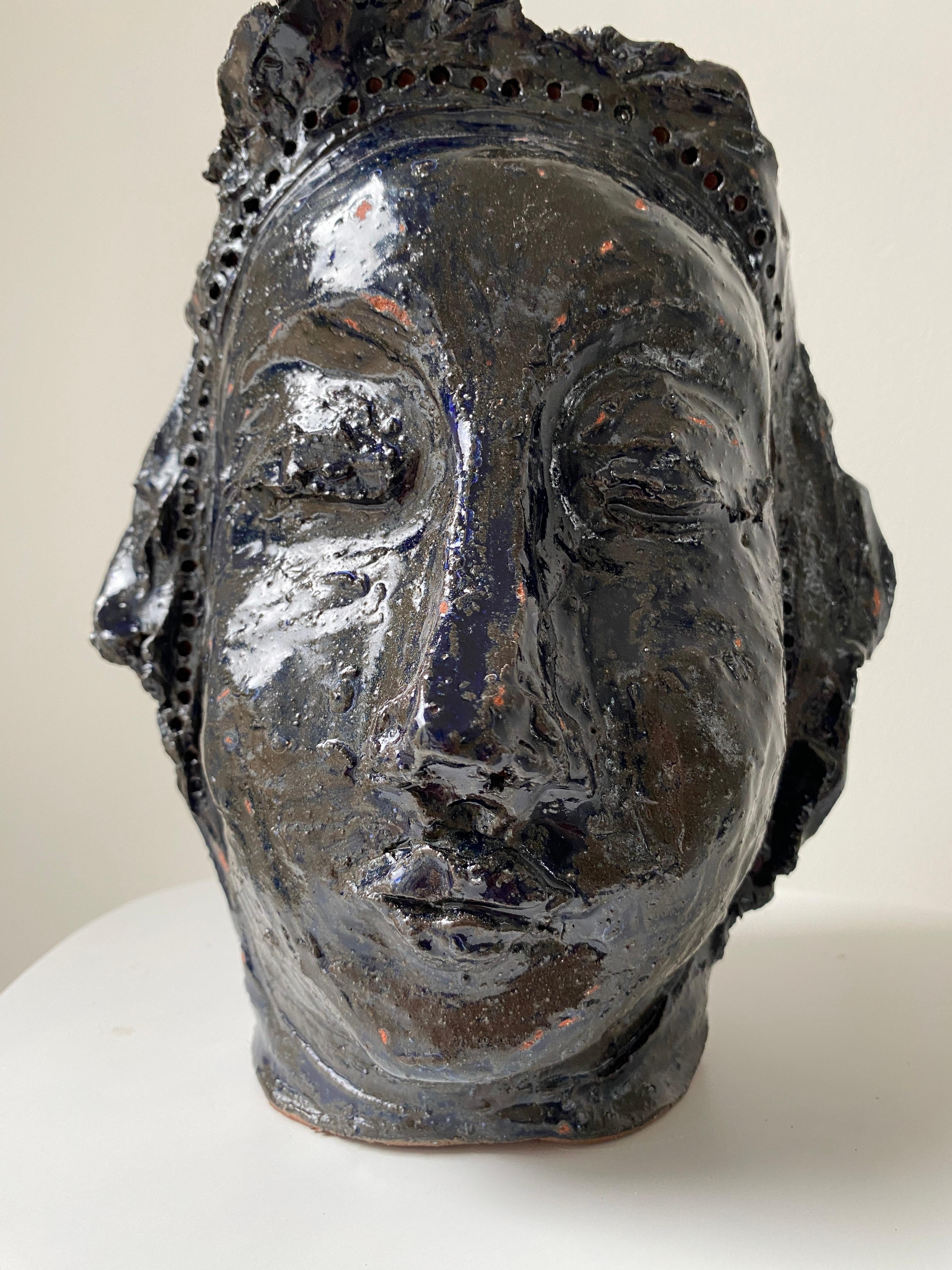 Deep dark blue rustic wabi sabi hand sculpted glazed clay face vessel head face For Sale 4