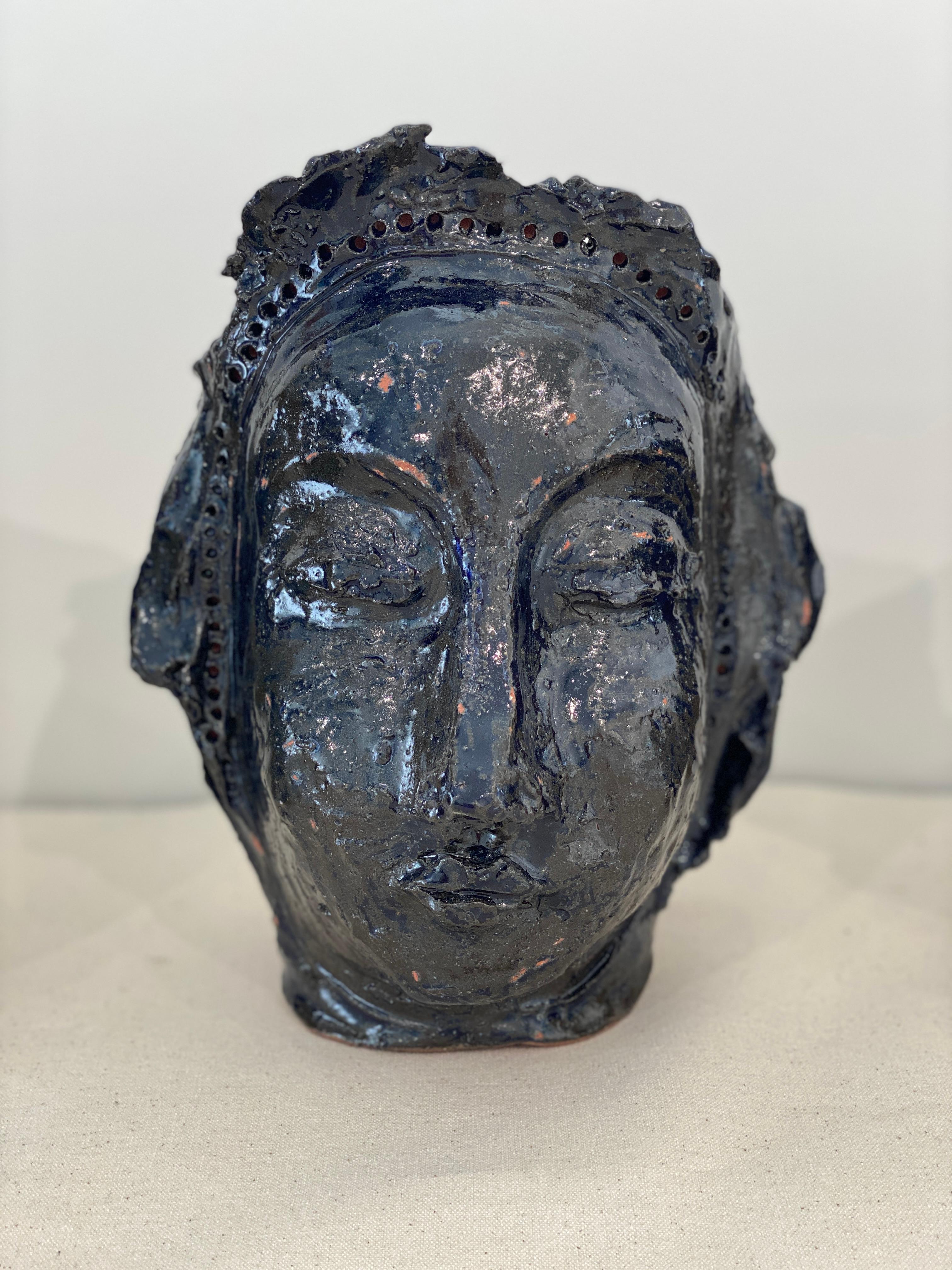Deep dark blue rustic wabi sabi hand sculpted glazed clay face vessel head face For Sale 5