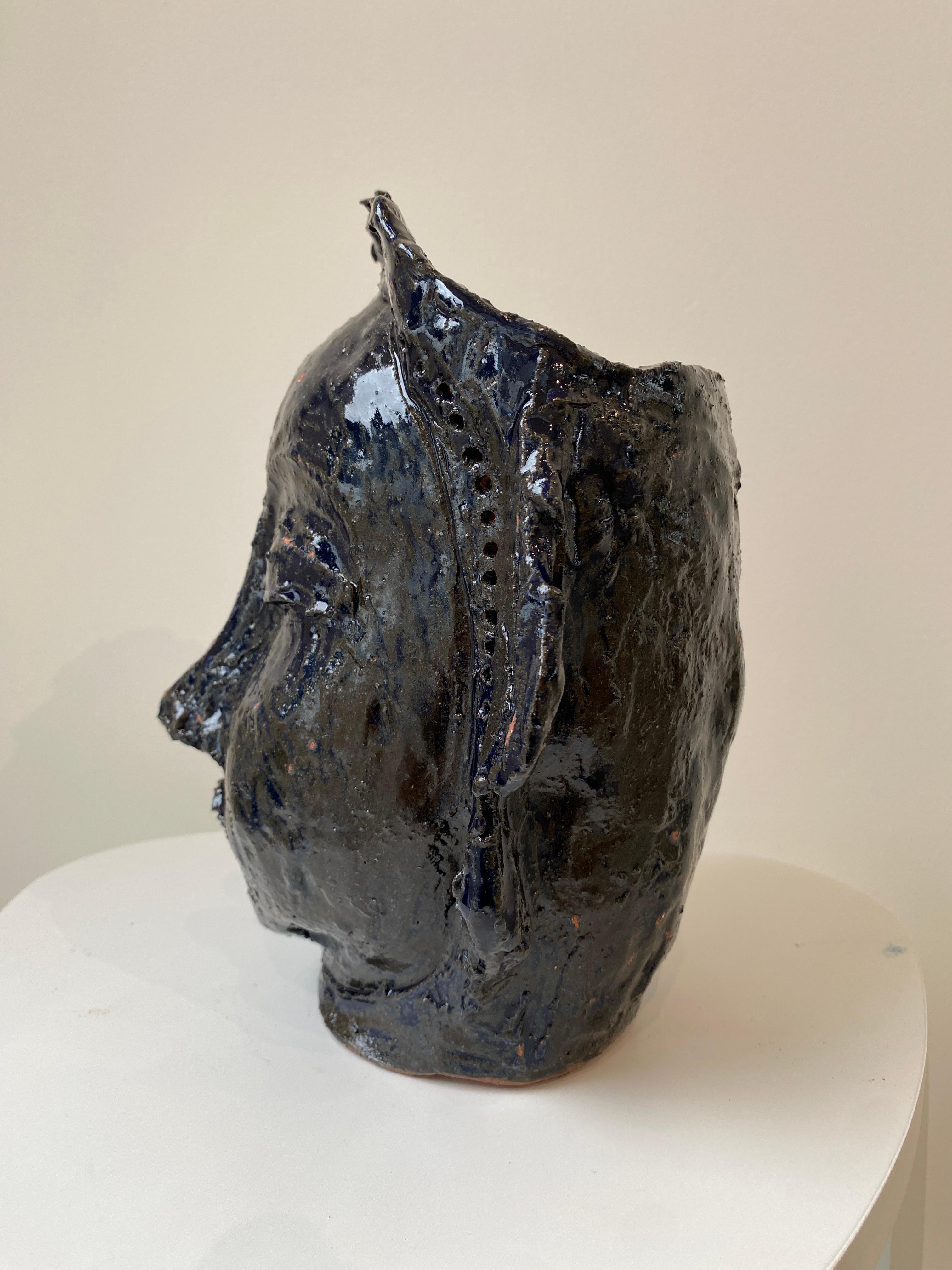Deep dark blue rustic wabi sabi hand sculpted glazed clay face vessel head face For Sale 6