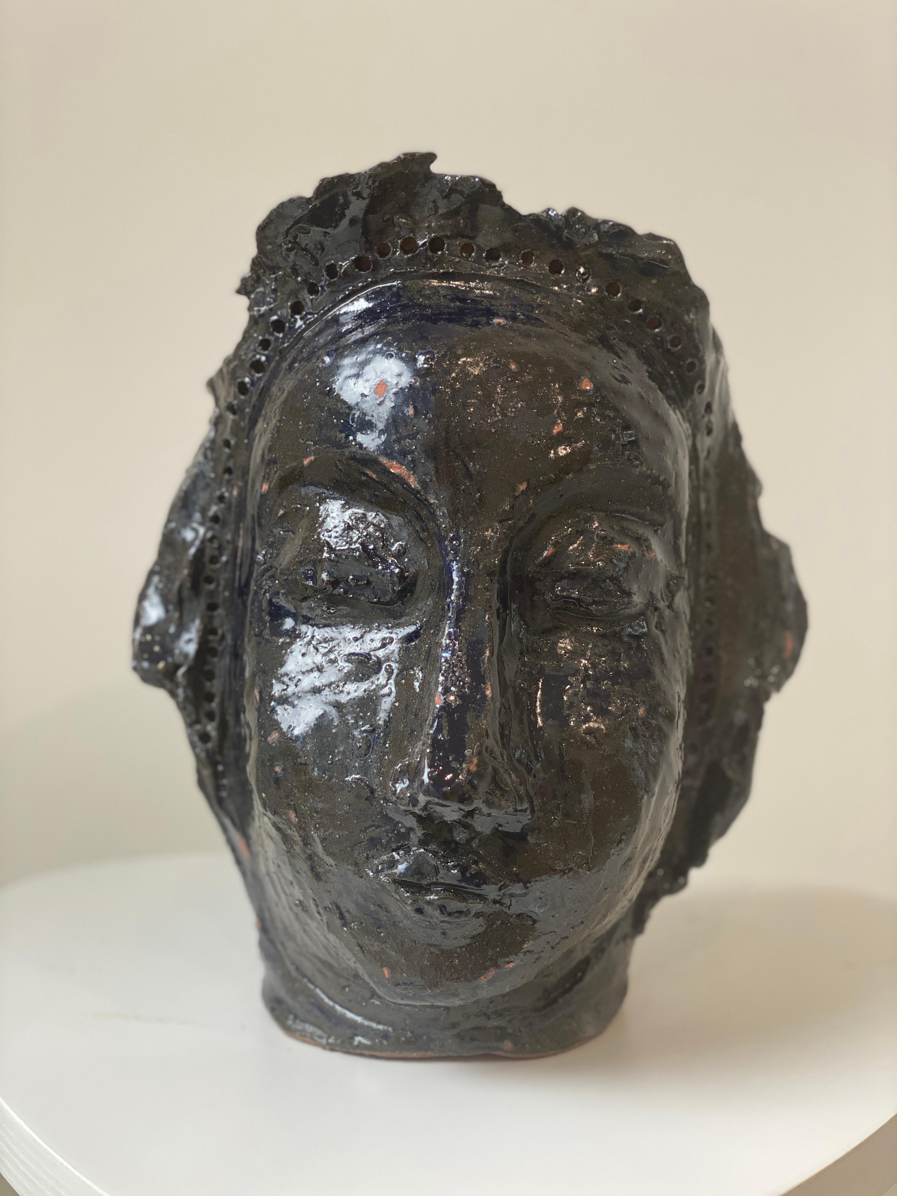 Deep dark blue rustic wabi sabi hand sculpted glazed clay face vessel head face For Sale 8
