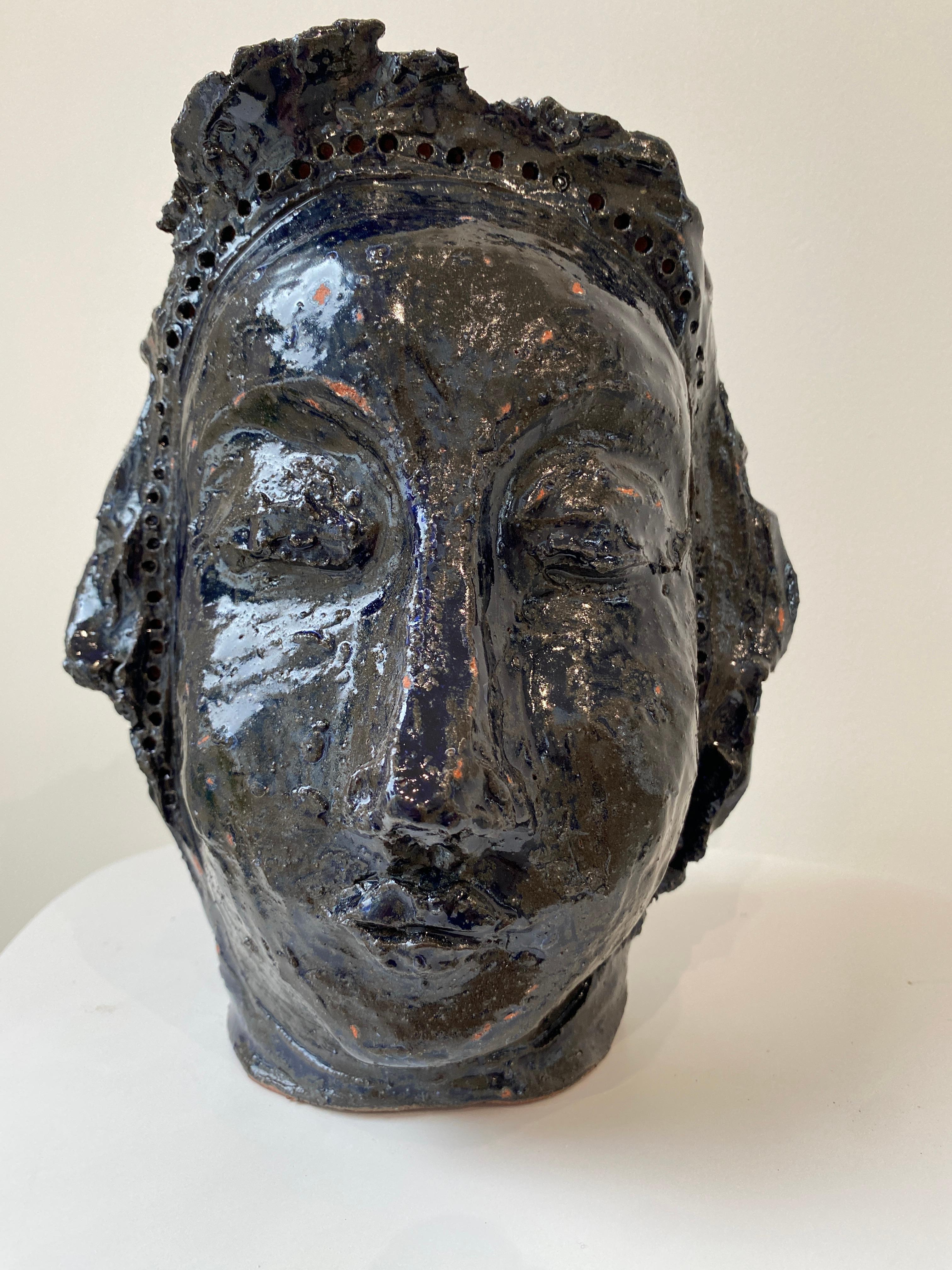 Kathleen Rhee Figurative Sculpture - Deep dark blue rustic wabi sabi hand sculpted glazed clay face vessel head face