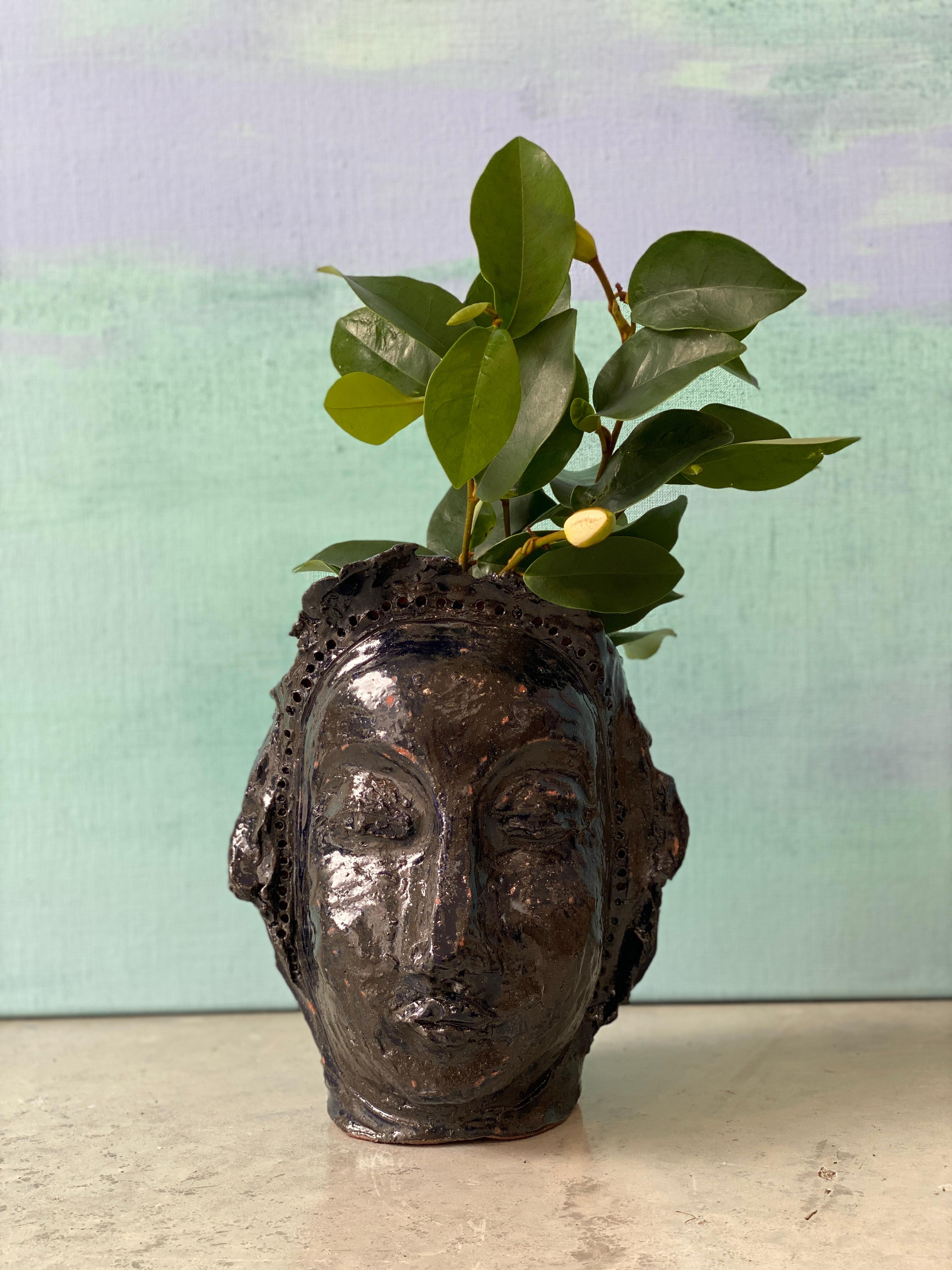 Deep dark blue rustic wabi sabi hand sculpted glazed clay face vessel head face For Sale 1